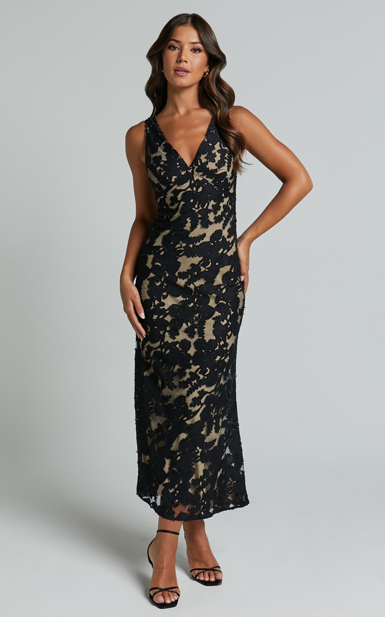 Zymae Midi Dress - Deep V Neck Lace Slip Dress in Black