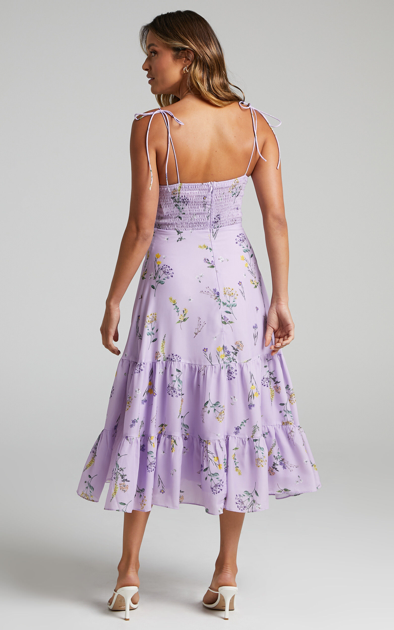 Monaco Midi Dress - Strappy Sweetheart Tiered Dress in Lavender Botanical Floral