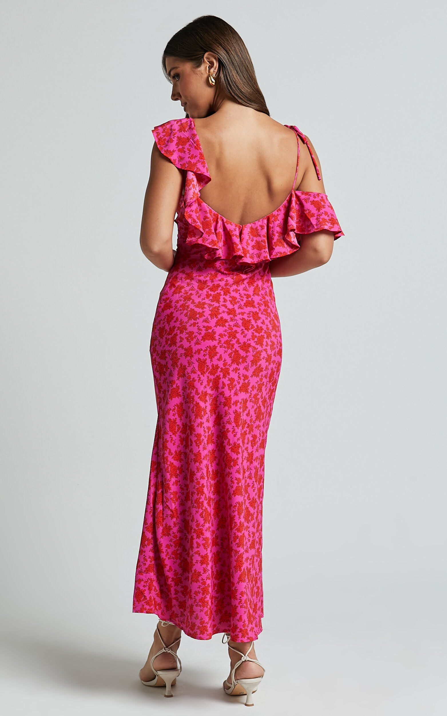 Giulia Midi Dress - One Shoulder Frill Detail Dress in Pink Floral