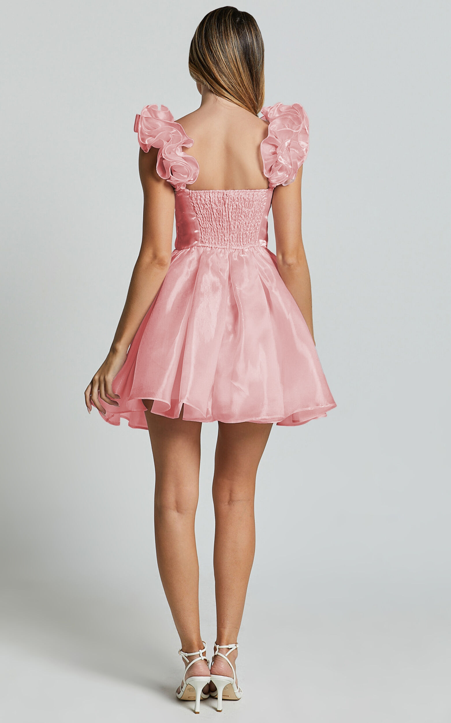 Amber Mini Dress - Sleeveless Ruffle Detail Sweetheart Pleated Dress in Pink