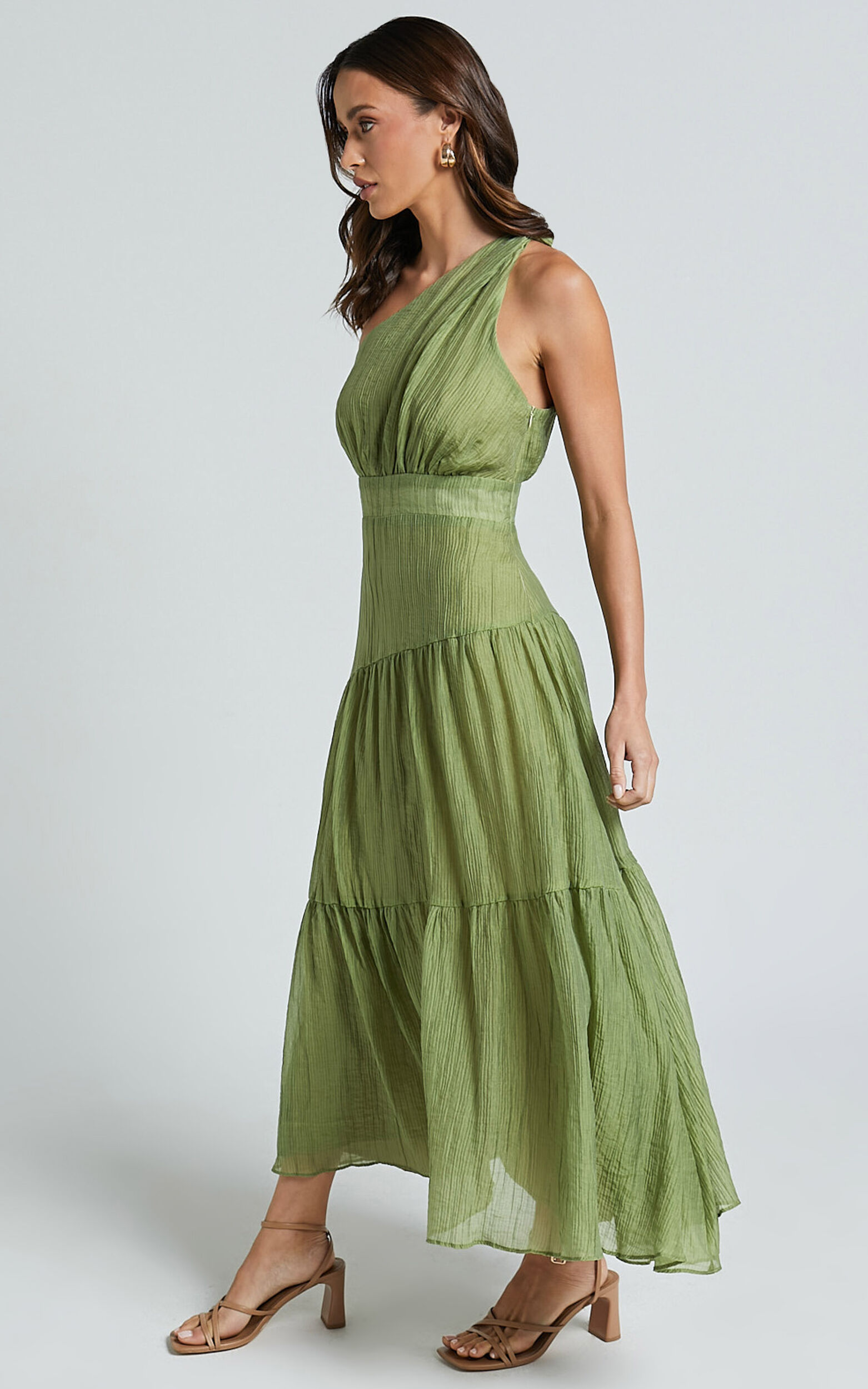 Edeline Midi Dress - One Shoulder Twist Tiered Dress in Olive