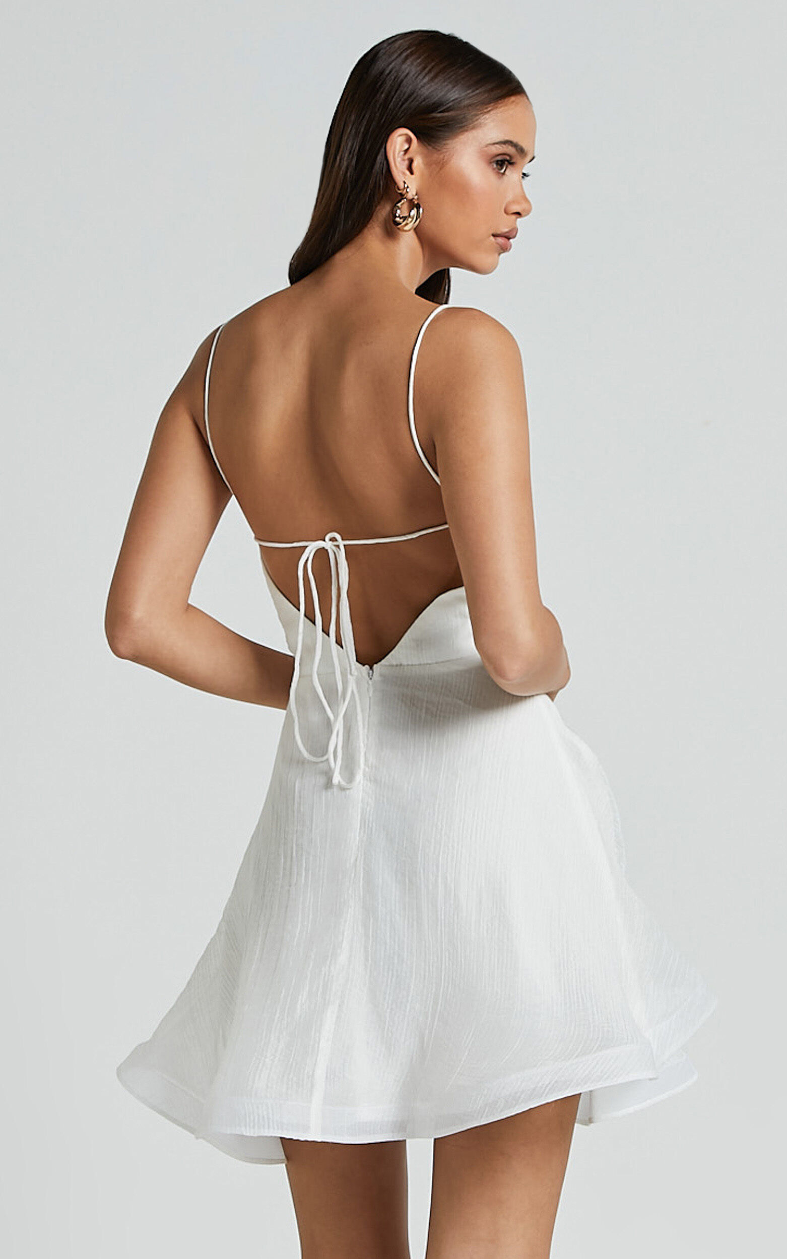 Adeline Mini Dress - Gathered Bust V Neck Rosette Detail Dress in White