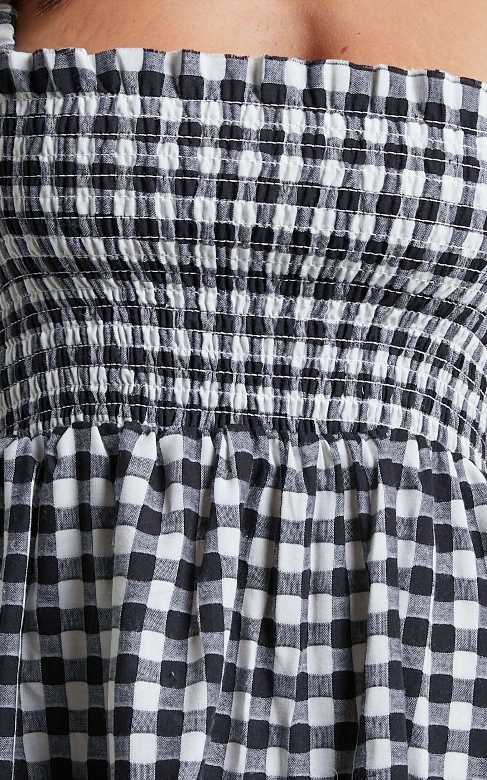 Wilda Mini Dress - Shirred Tiered Dress in Black and White Check