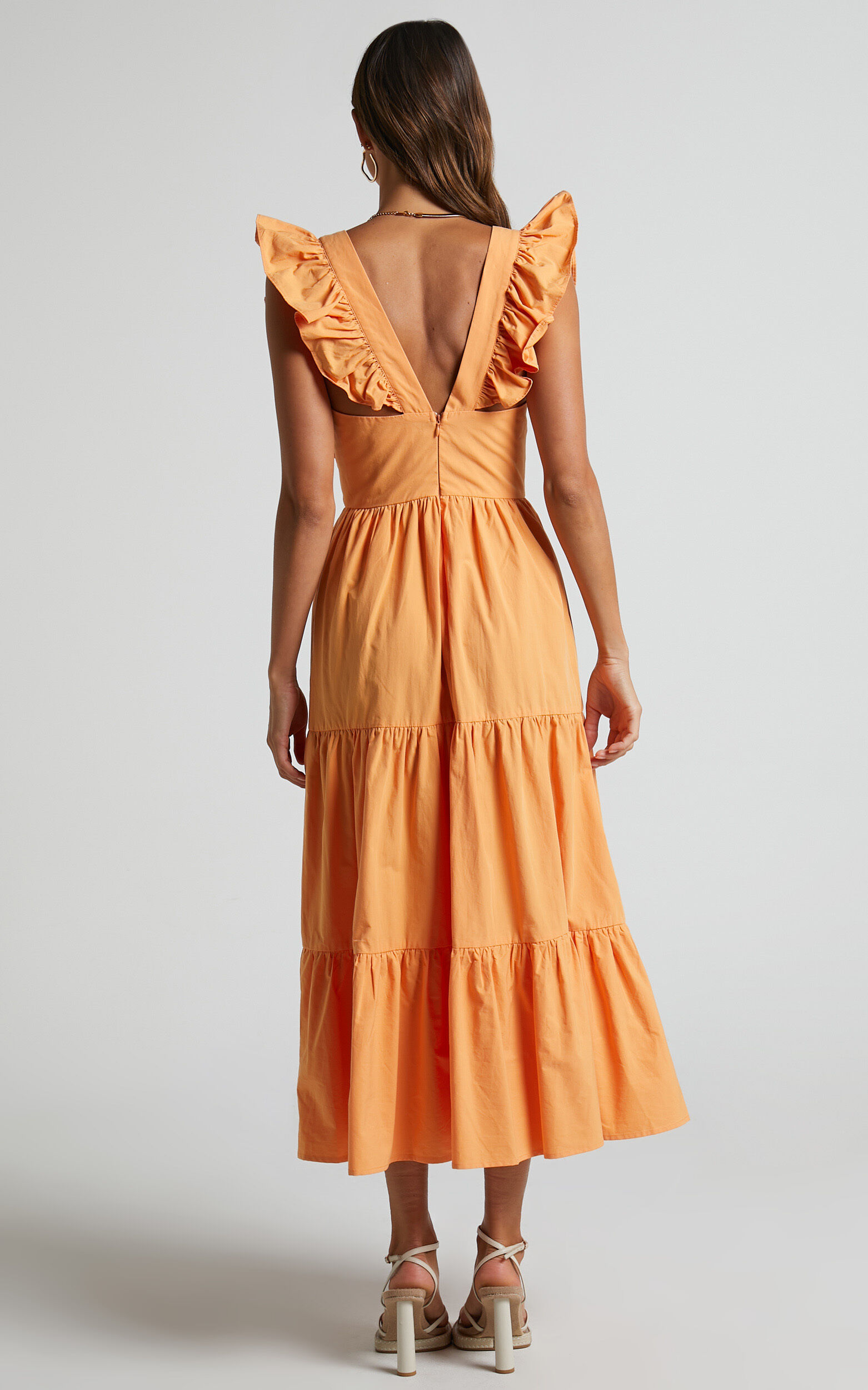 Levona Midi Dress - Ruffle Shoulder Tiered Dress in Orange