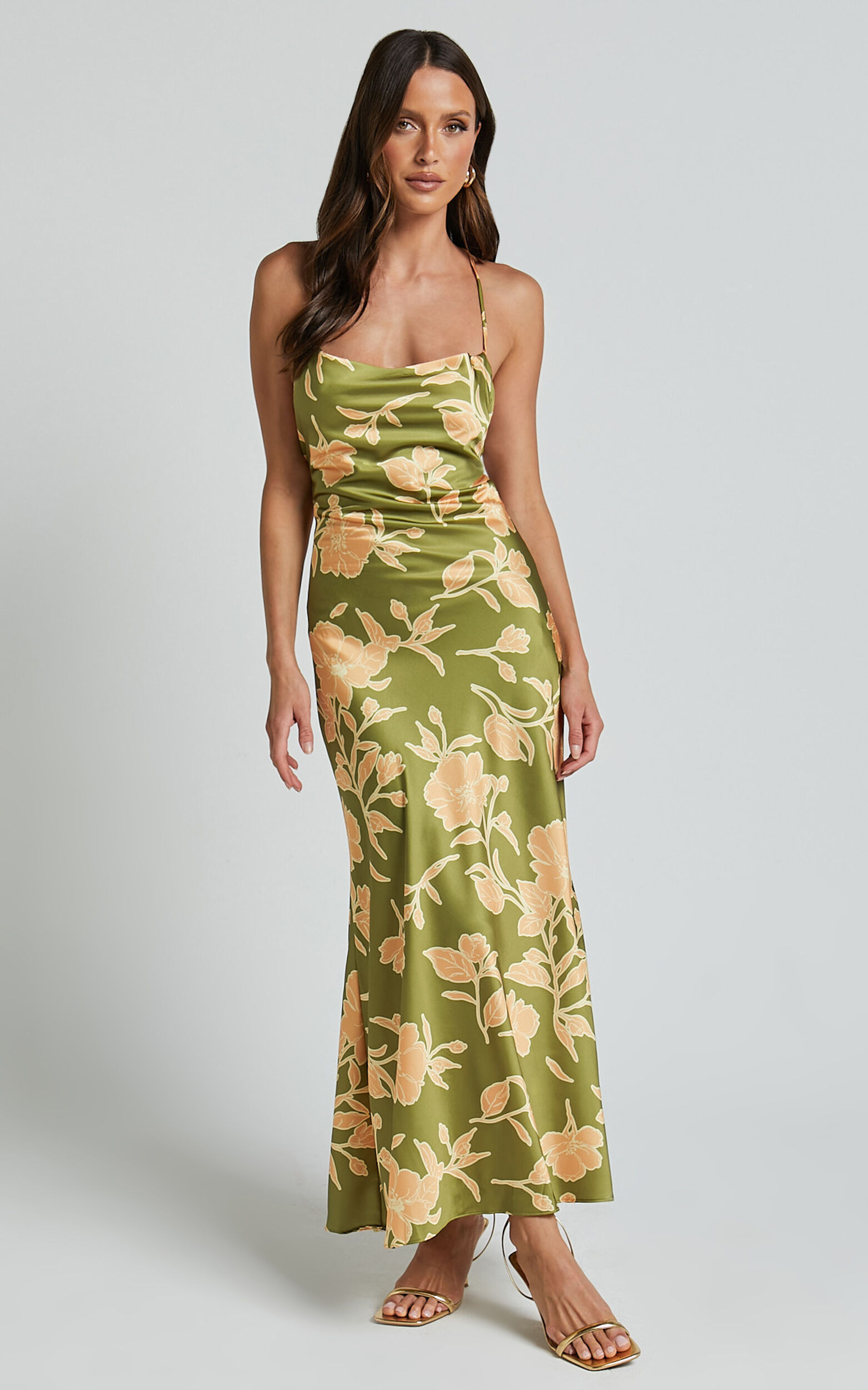 Aisling Midi Dress - Cowl Neck Satin Bias Midi Dress in Olive