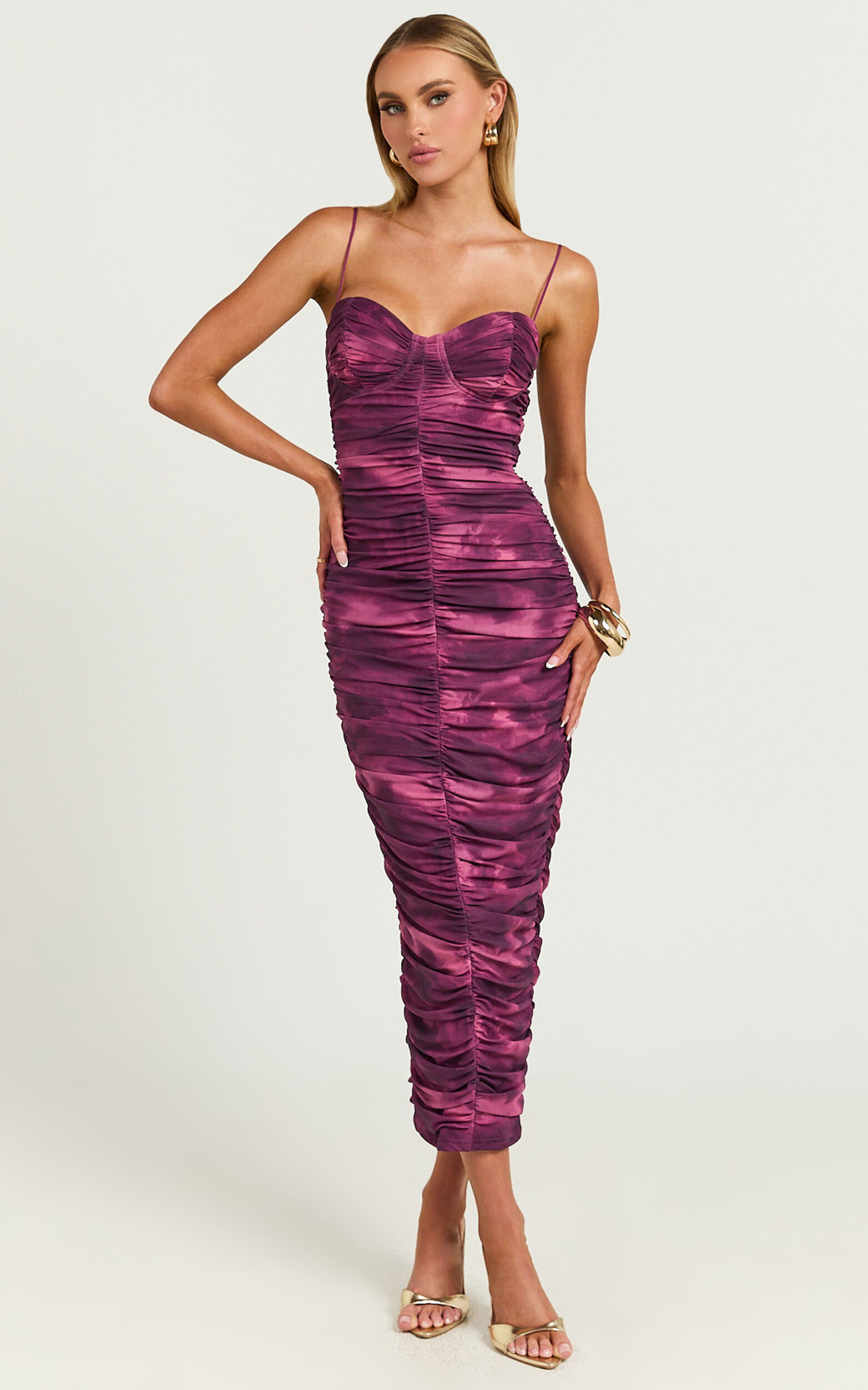 Leanor Midi Dress - Mesh Ruched Bustier Bodycon Dress in Purple Fields