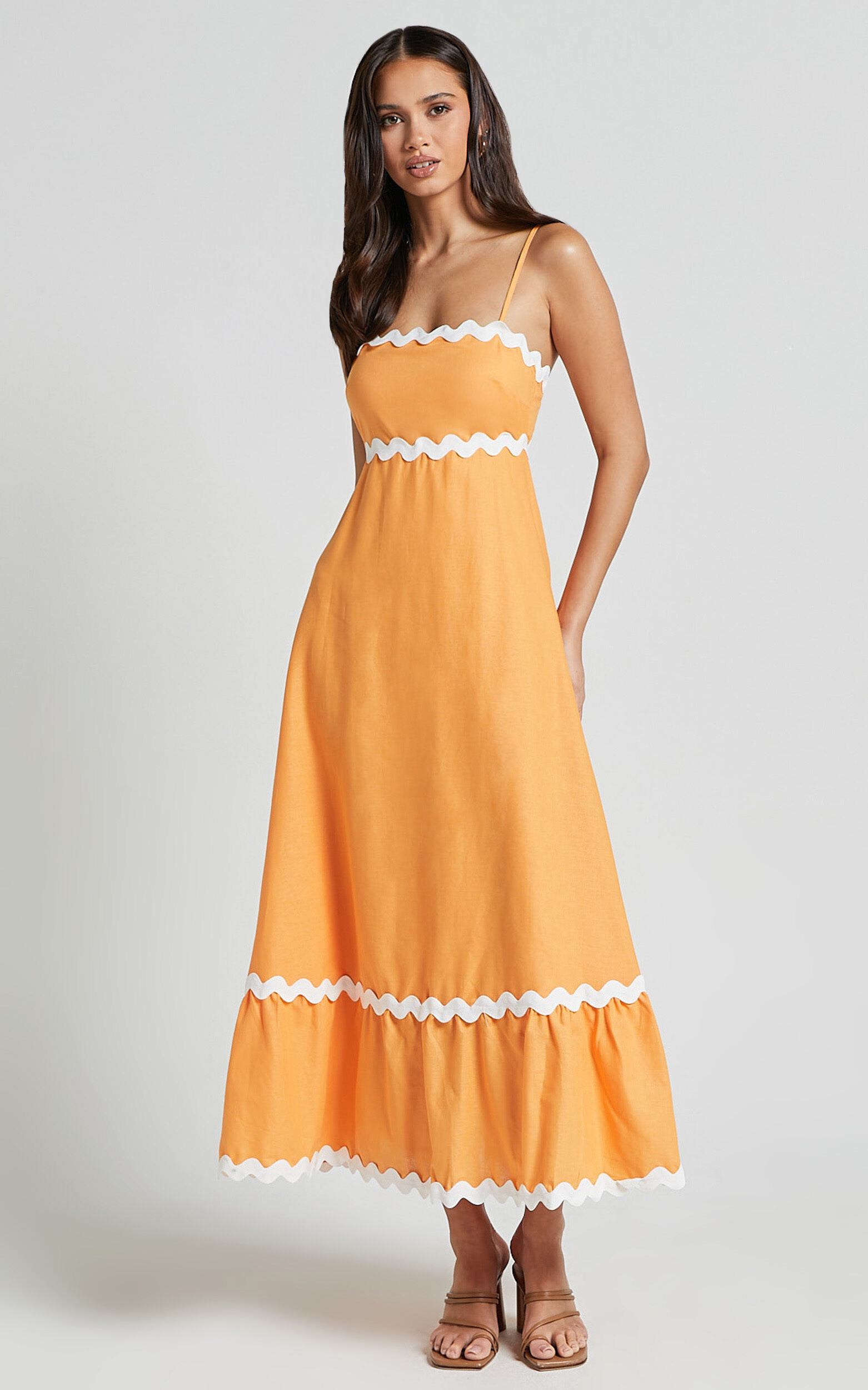 Moriseth Midi Dress - Linen Sleeveless Fit Flare Dress in Orange