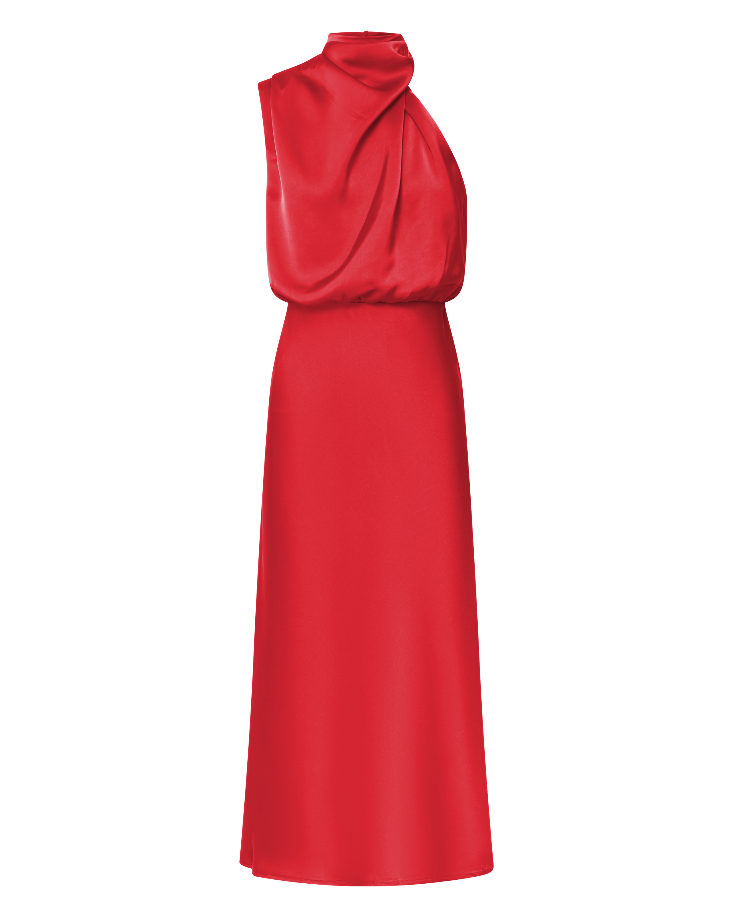 Minnie Midi Dress - Drape Neck Satin Slip Dress in Red