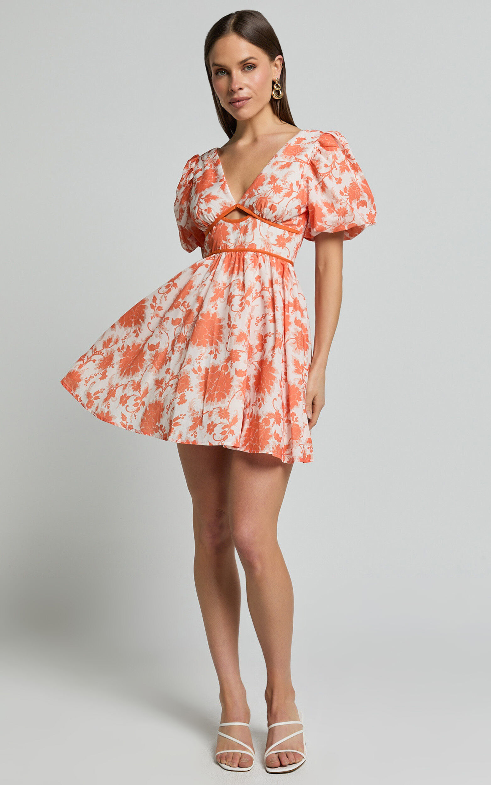 Natalia Mini Dress - Puff Sleeve Cut Out Dress in Orange Floral