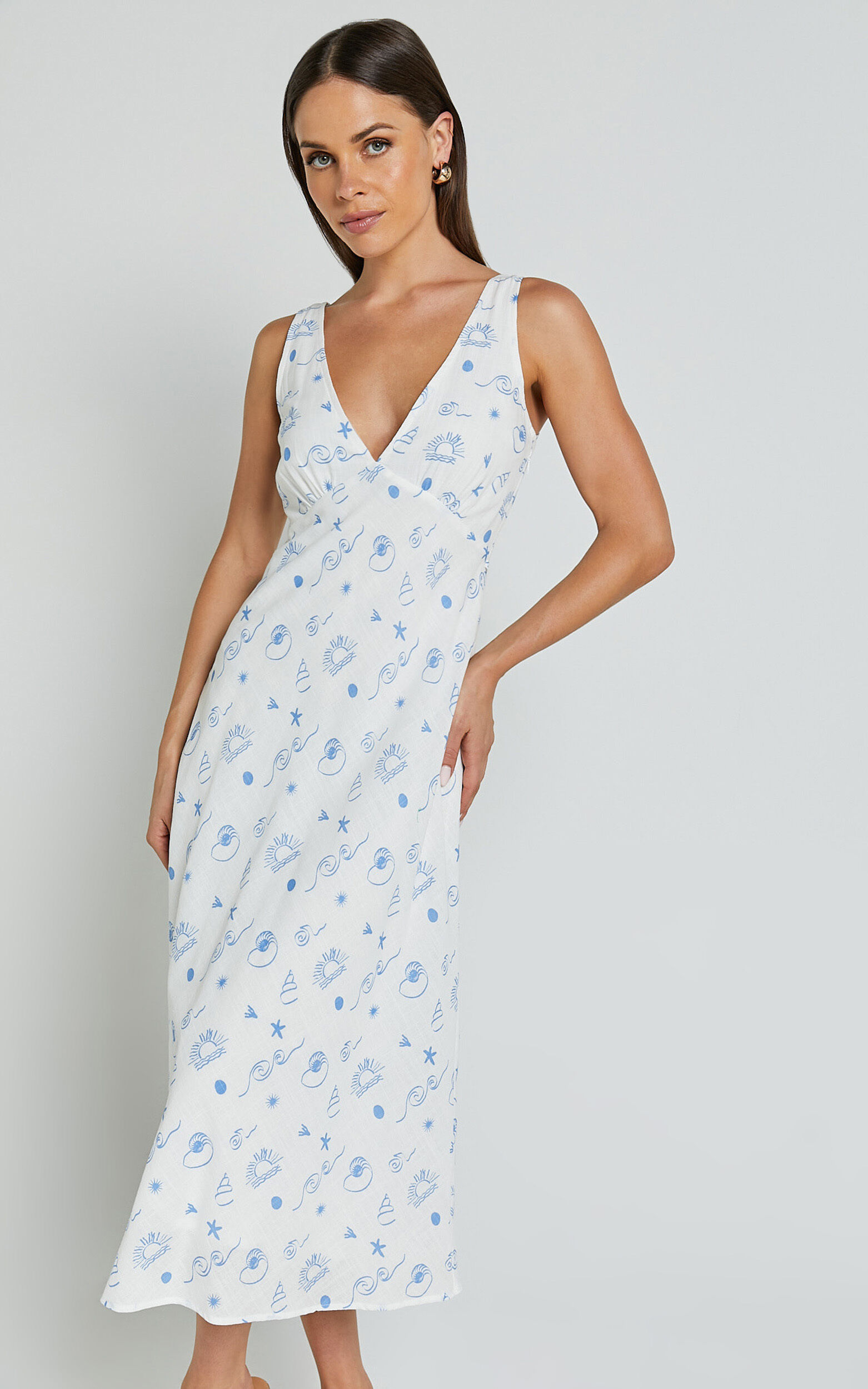 Becca Midi Dress - Ruched Bust Sleeveless V Neck Dress in Blue Print