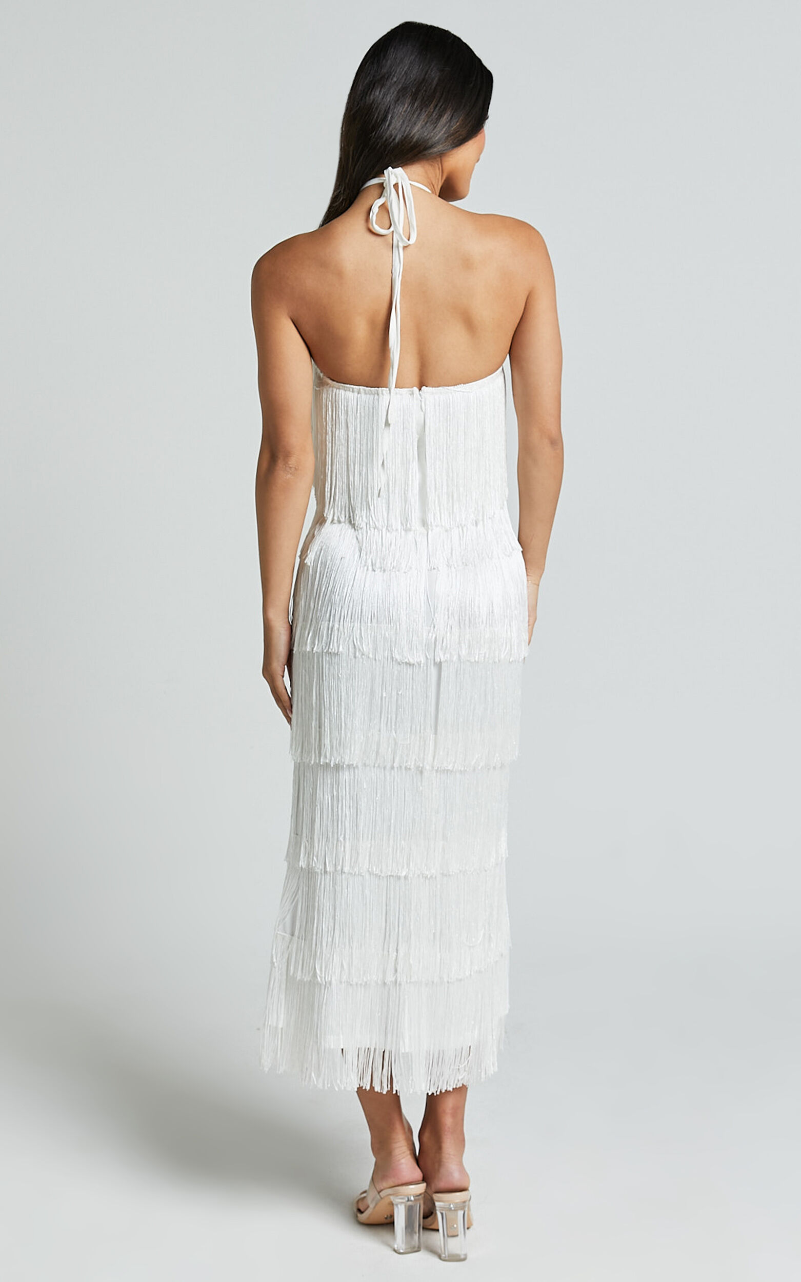 Trixie Maxi Dress - Diamond Halter Neck Fringe Tiered Dress in White