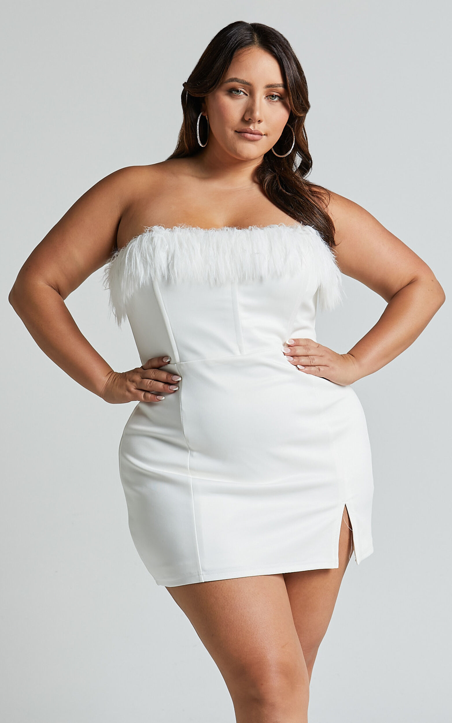 Rhaiza Mini Dress - Faux Feather Trim Strapless Dress in White