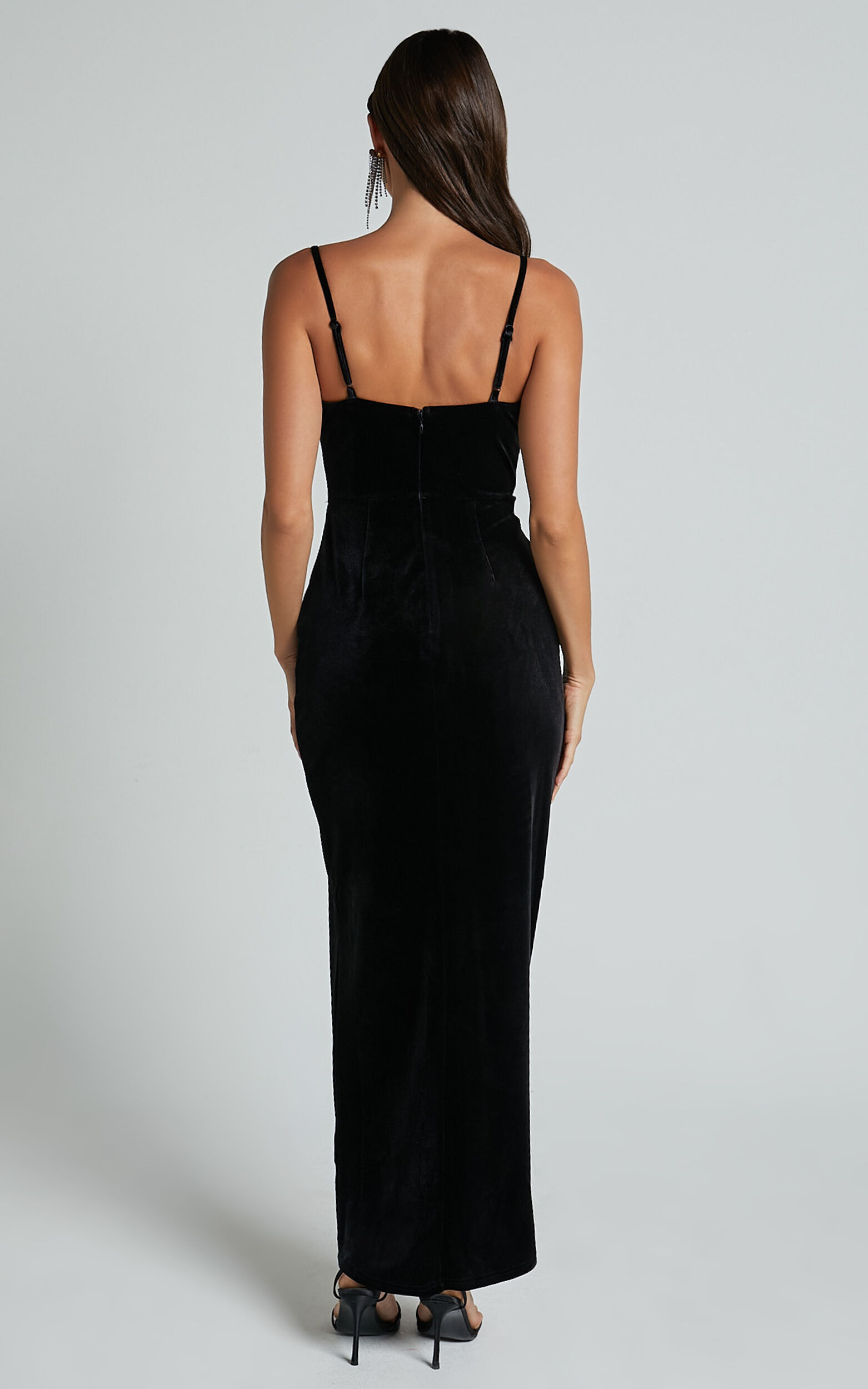 Adeline Midi Dress - Velvet Cowl Neck Drape Dress in Black