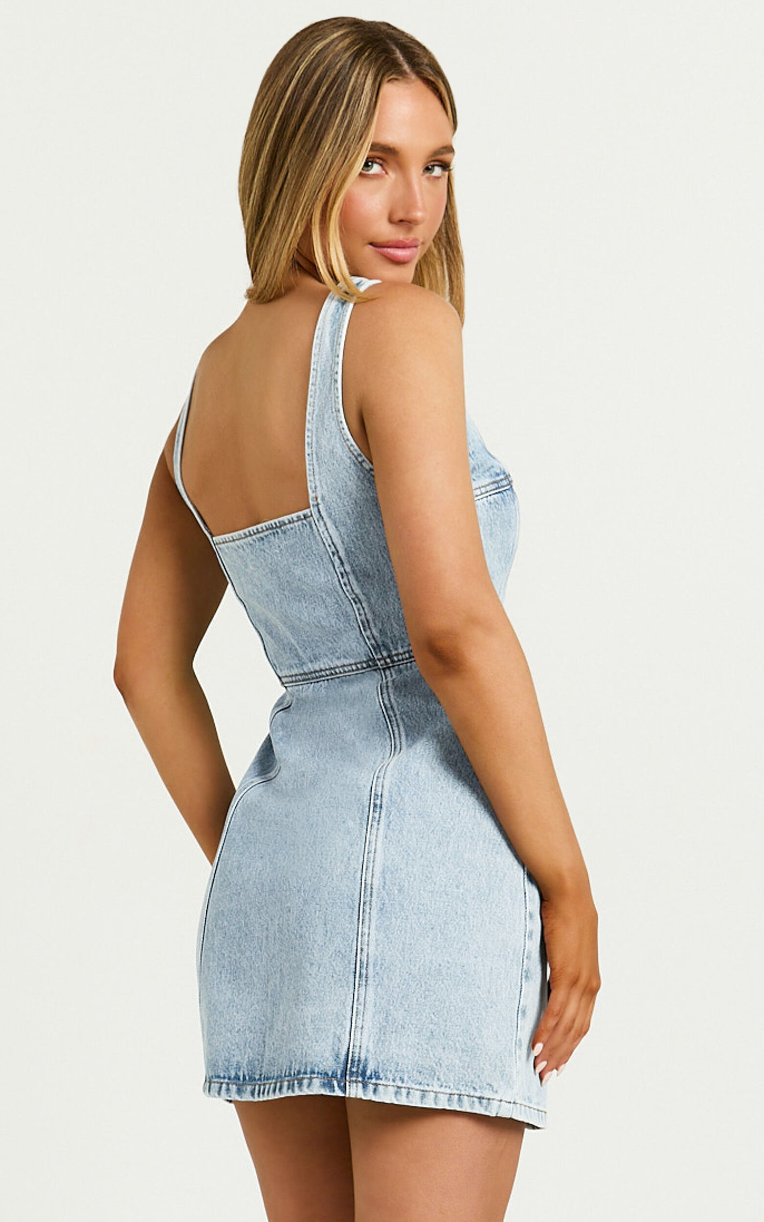 Chrysoula Mini Dress - Square Neck Zip Front Sleeveless Bodycon Denim in Light Blue Wash