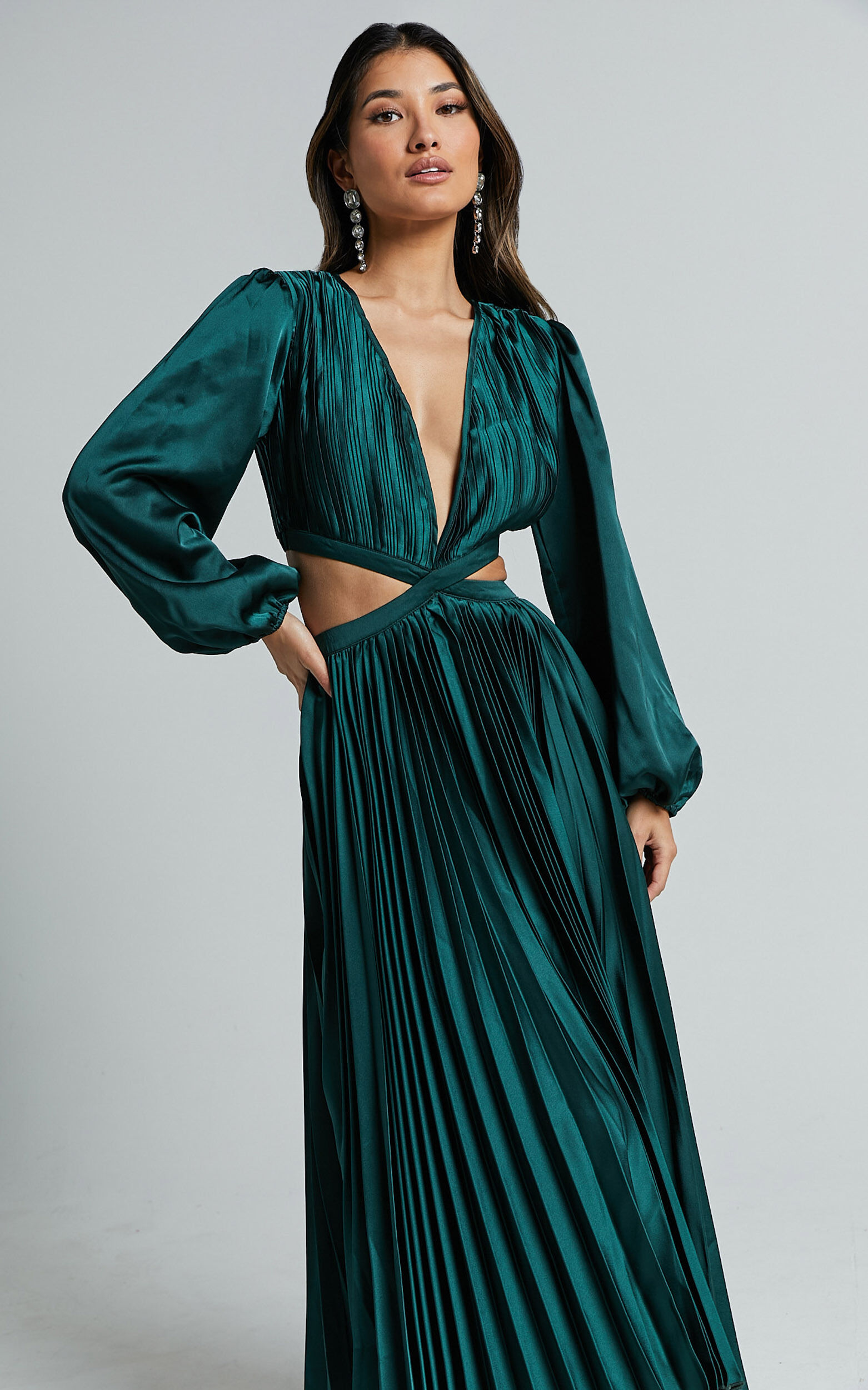 Jade Midi Dress - Side Cut Out Pleated Balloon Sleeve Dress in Emerald Green