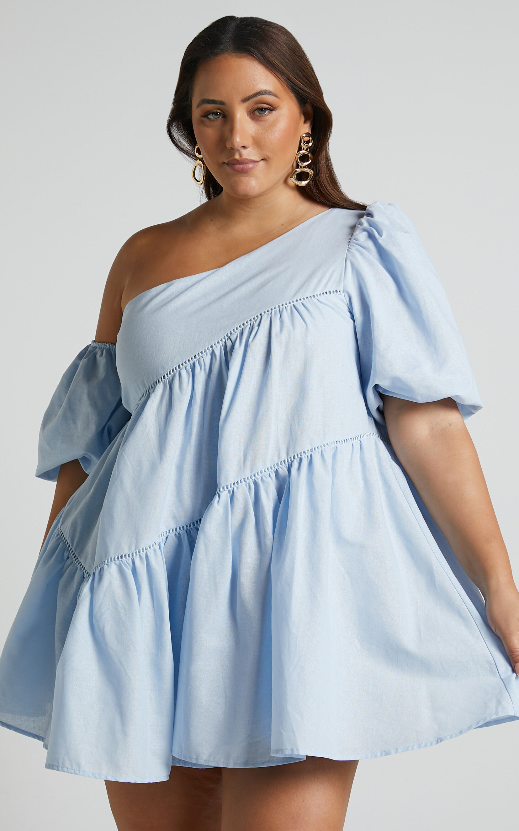 Harleen Mini Dress - Linen Asymmetrical Trim Puff Sleeve Dress in Light Blue