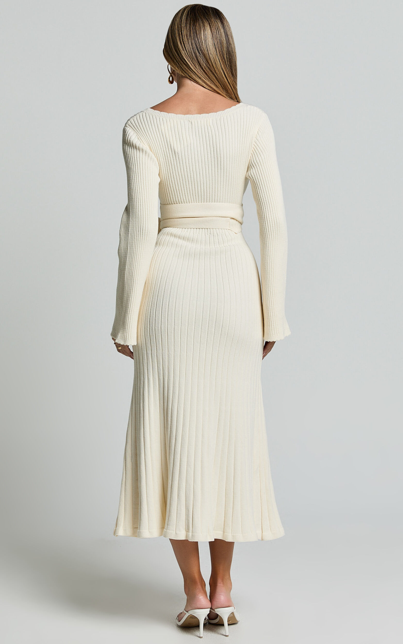 Andreia Midi Dress - Knitted Wrap Long Sleeve Dress in Cream