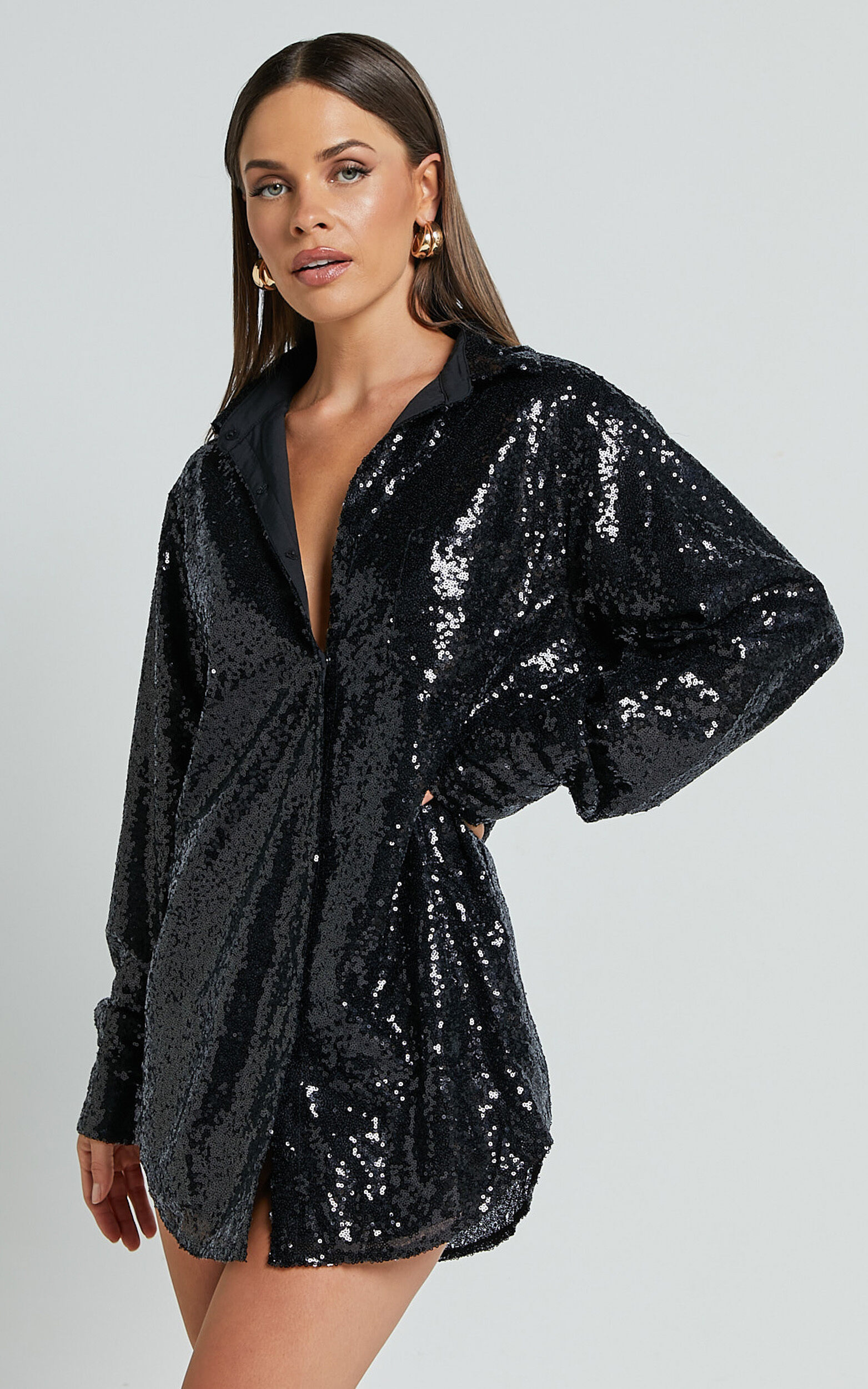 Cally Mini Dress - Oversized Shirt Dress in Black Sequin