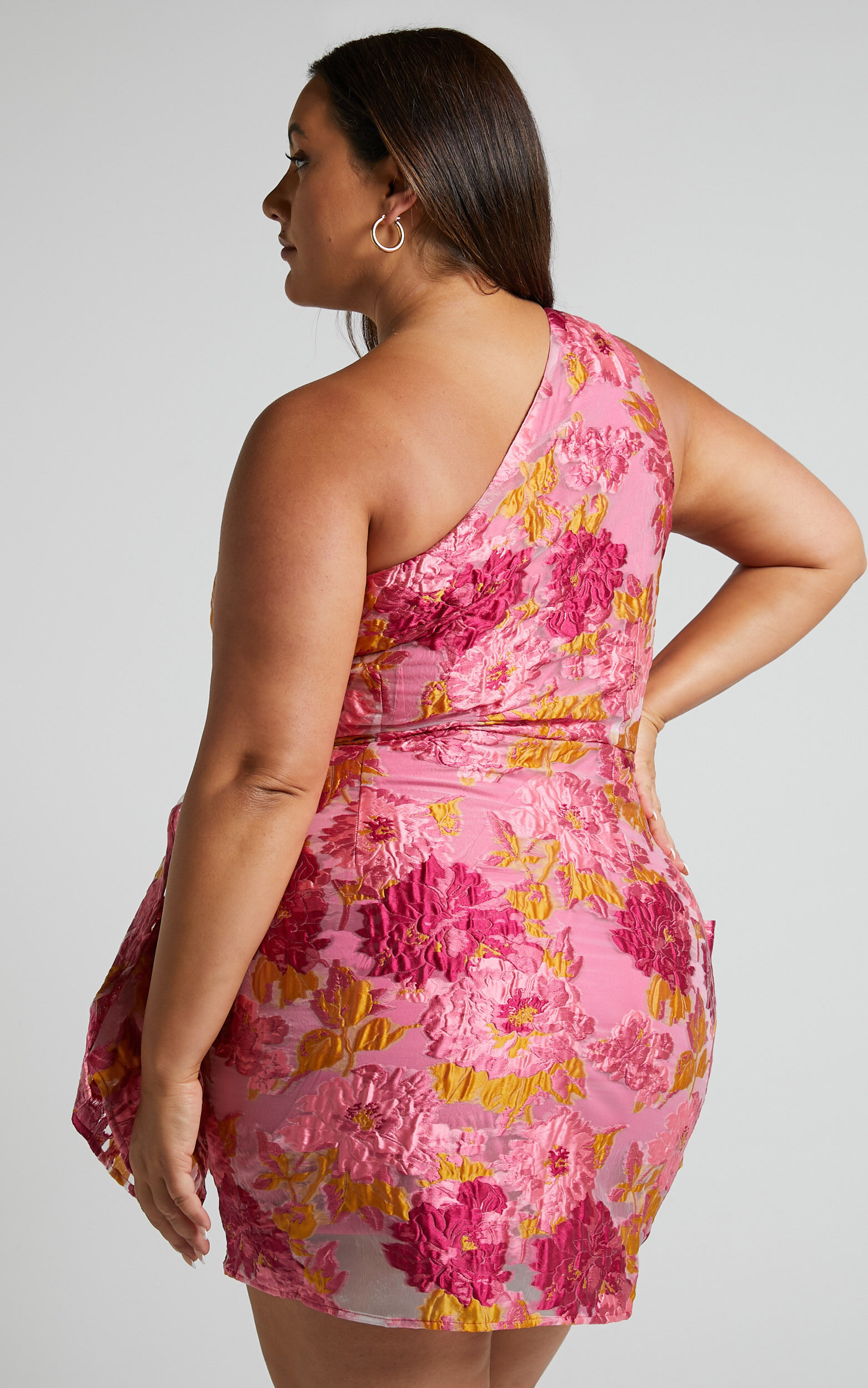 Brailey Mini Dress - One Shoulder Wrap Front Dress in Pink Jacquard