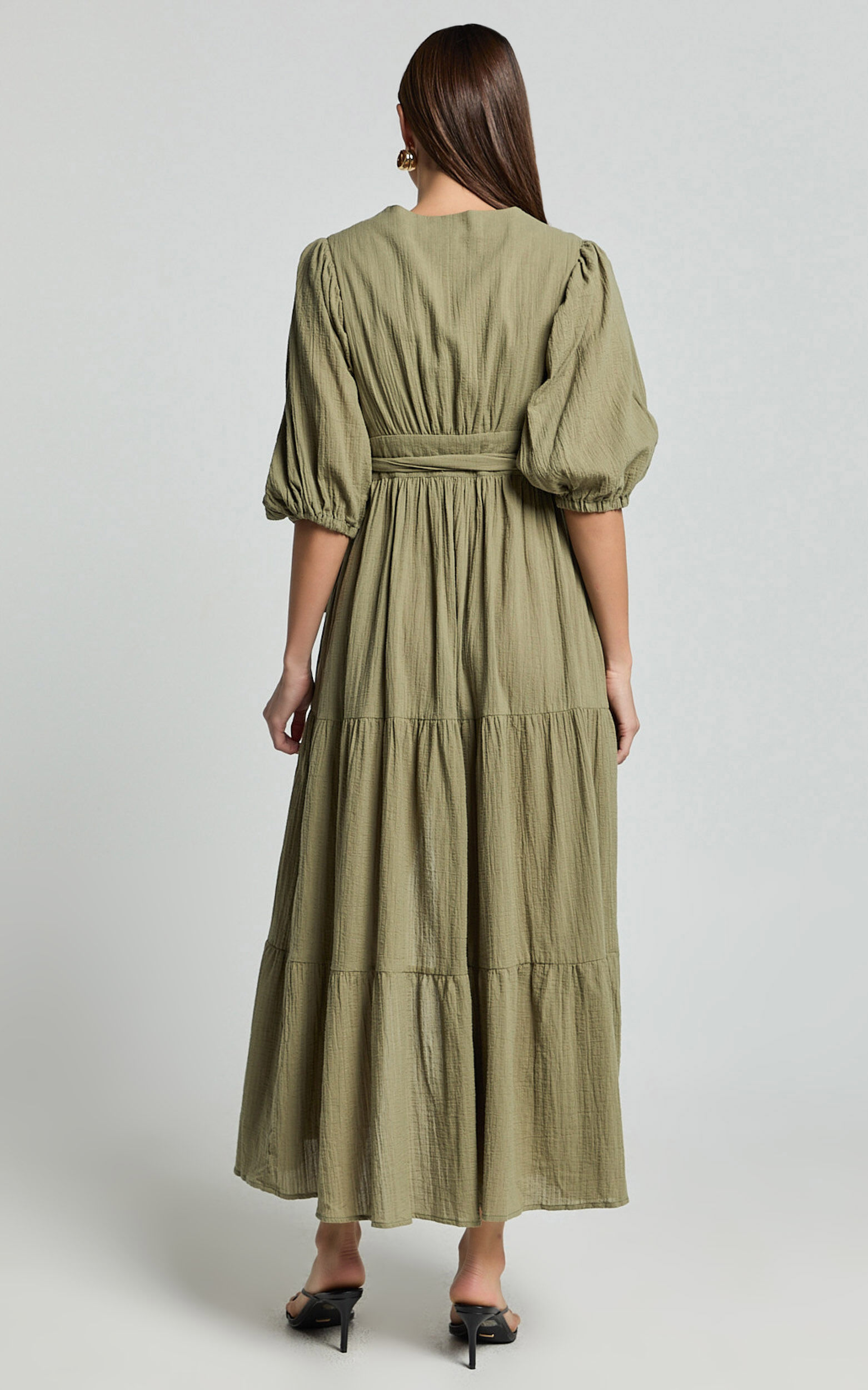 Penelope Wrap Front Puff Sleeve Midi Dress in Olive