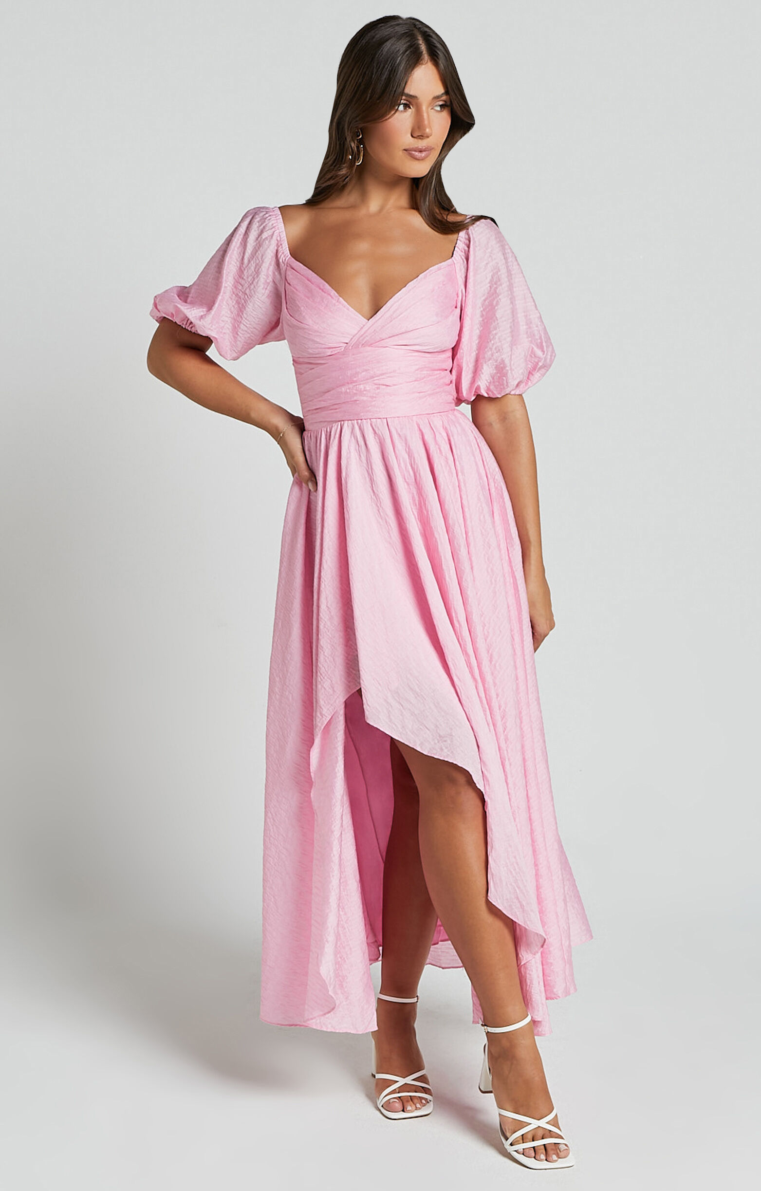 Dorothea Midi Dress - V Neck Puff Sleeve Ruched Bust in Pink