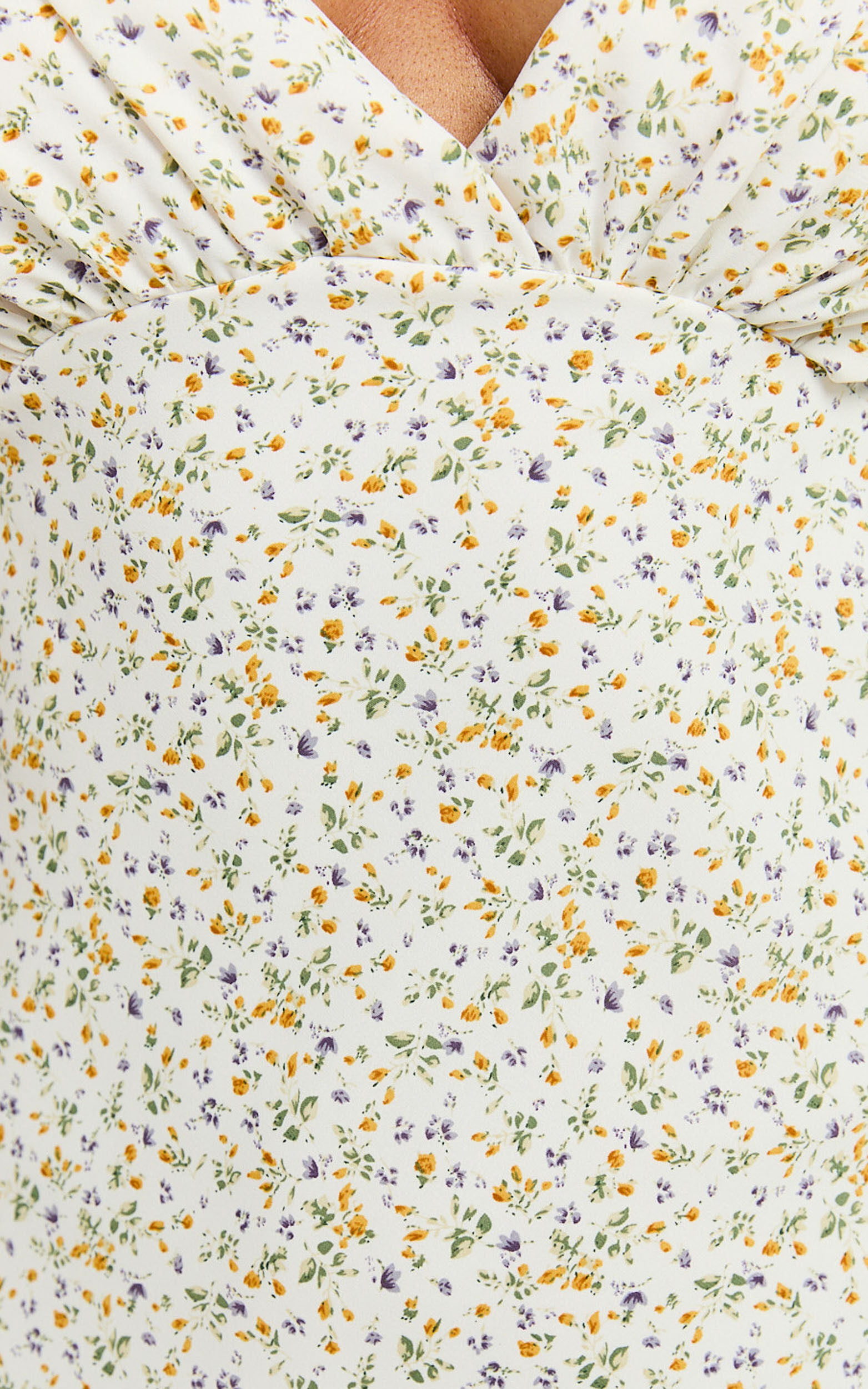 Amalea Mini Dress - Wide Strap Ruched Bust Dress in Blue & Yellow Ditsy Floral