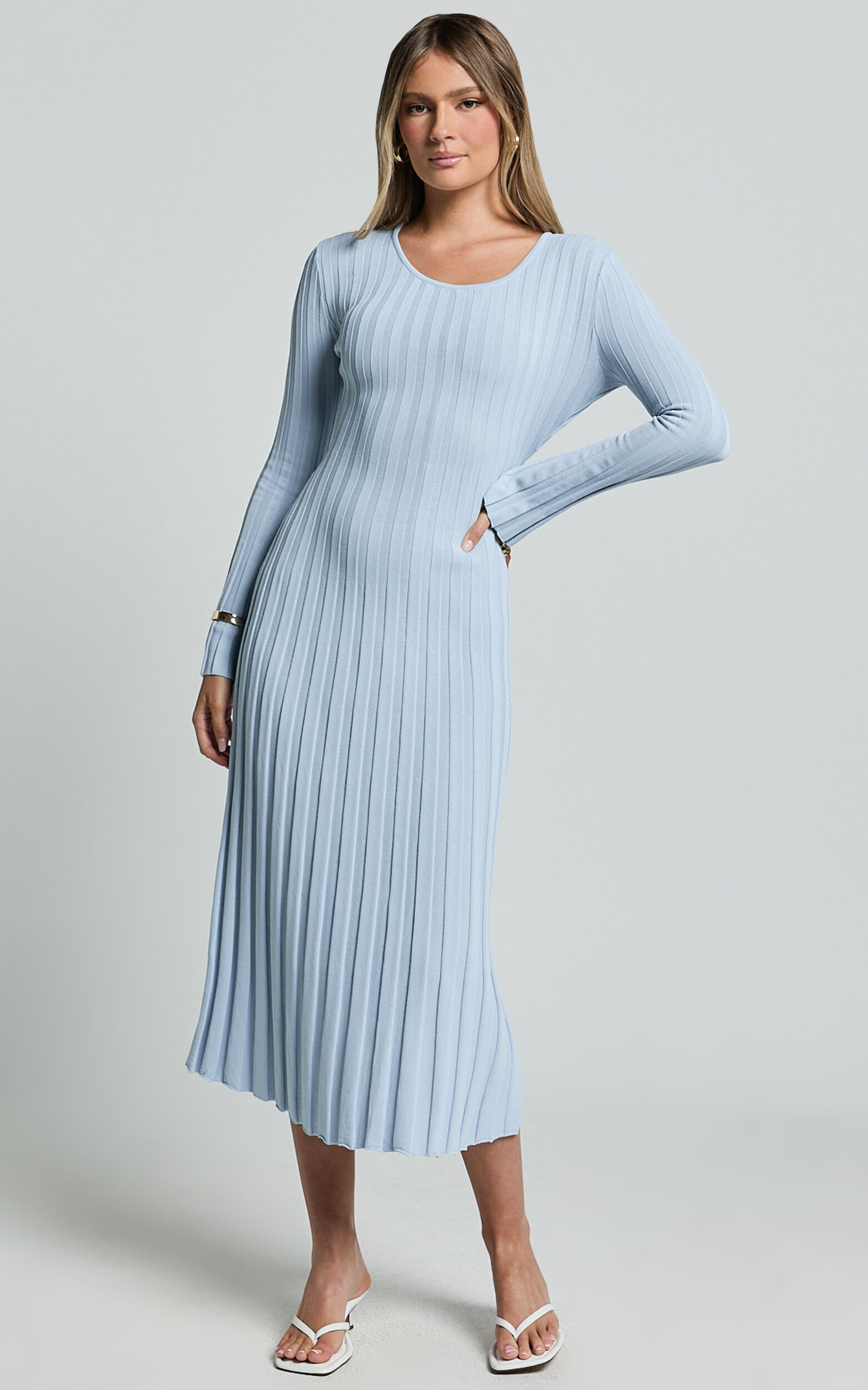 Blaire Midi Dress - Long Sleeve Tie Back Flare Dress in Blue