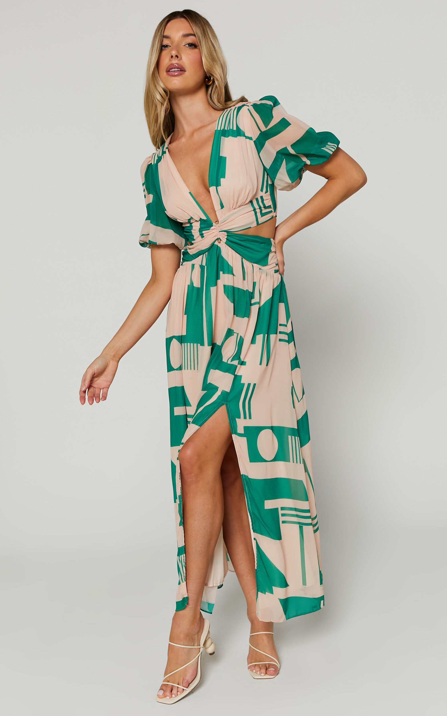 Lindey Midi Dress - Side Cut Plunge Neck Puff Sleeve Dress in Green and Cream Geo