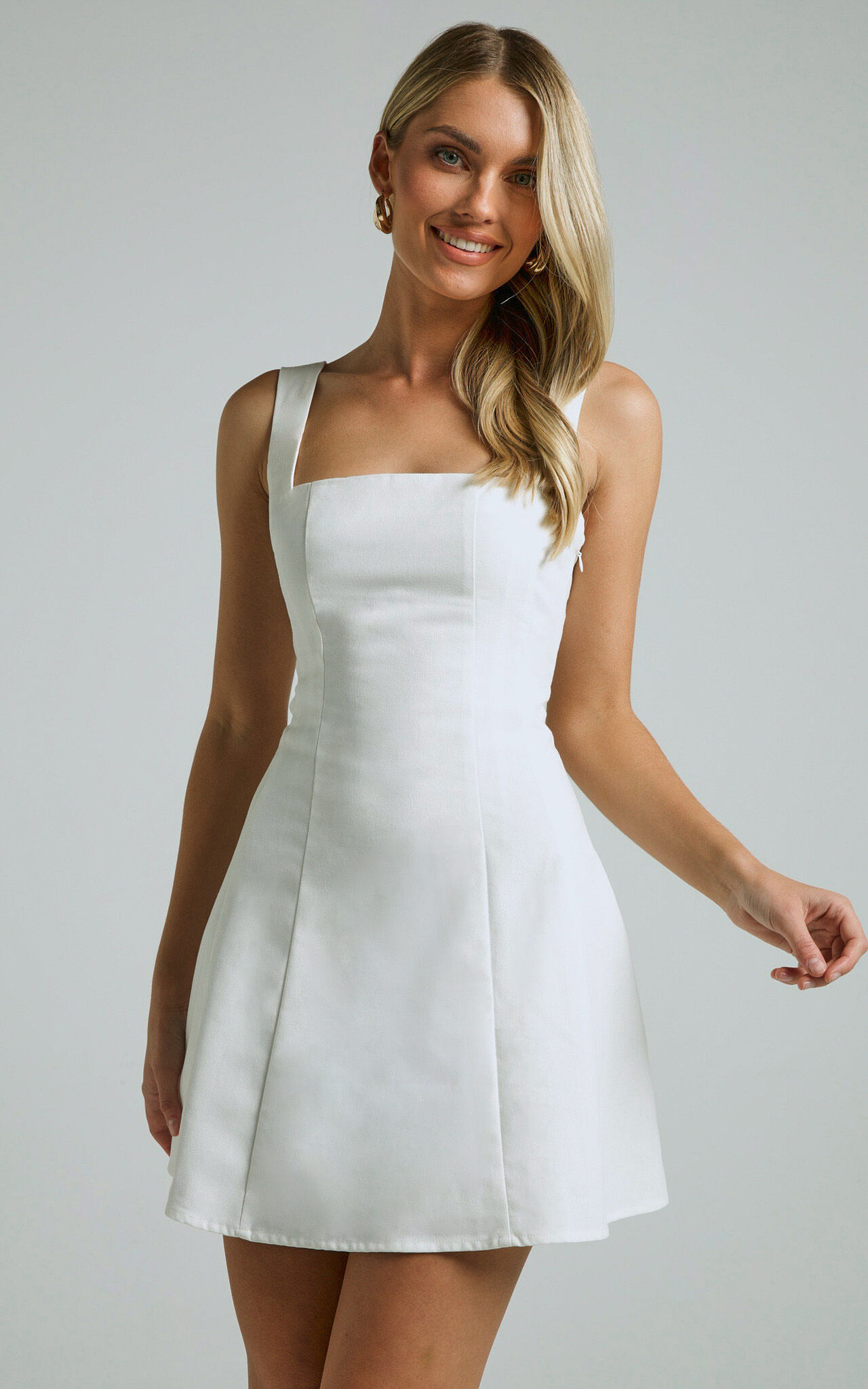 Adiana Mini Dress - Linen Square Neck Shirred Back A Line Dress in Off White