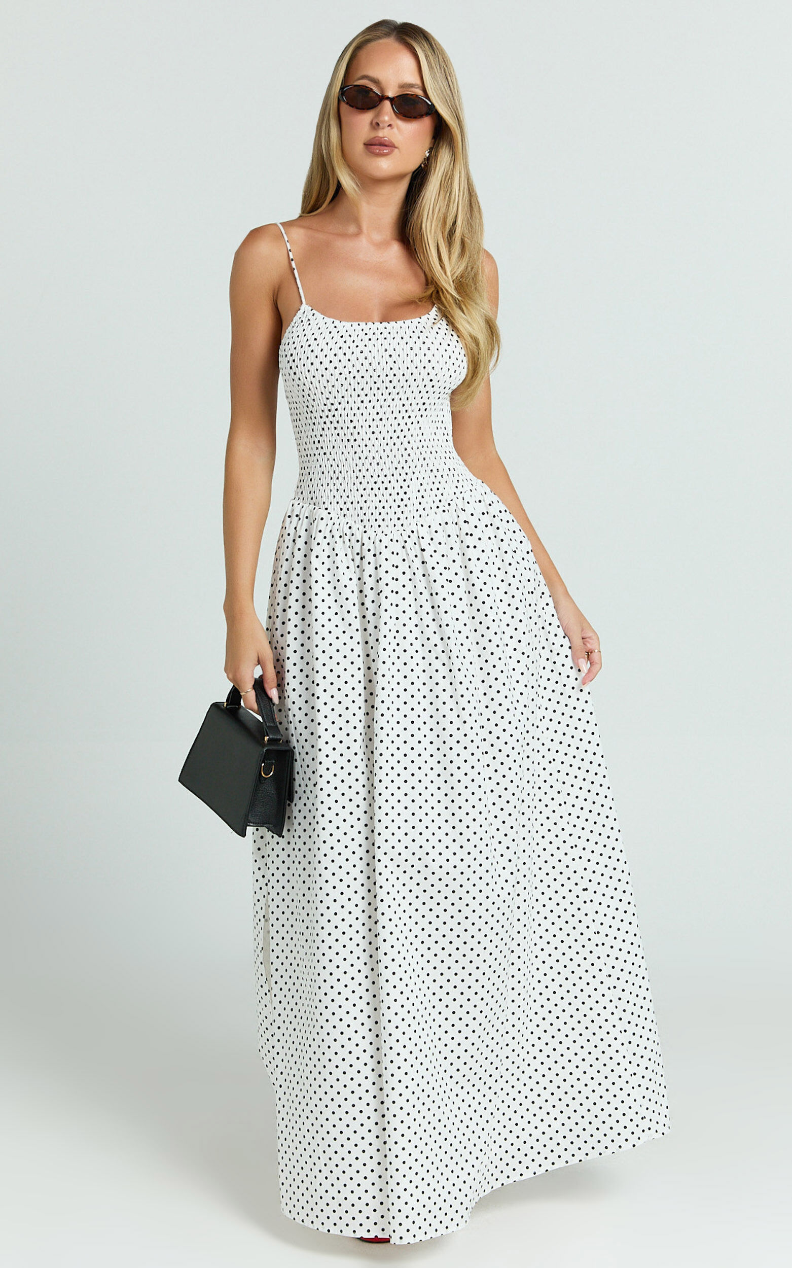 Doris Maxi Dress - Strappy Fit and Flare Maxi Dress in White Polkadot