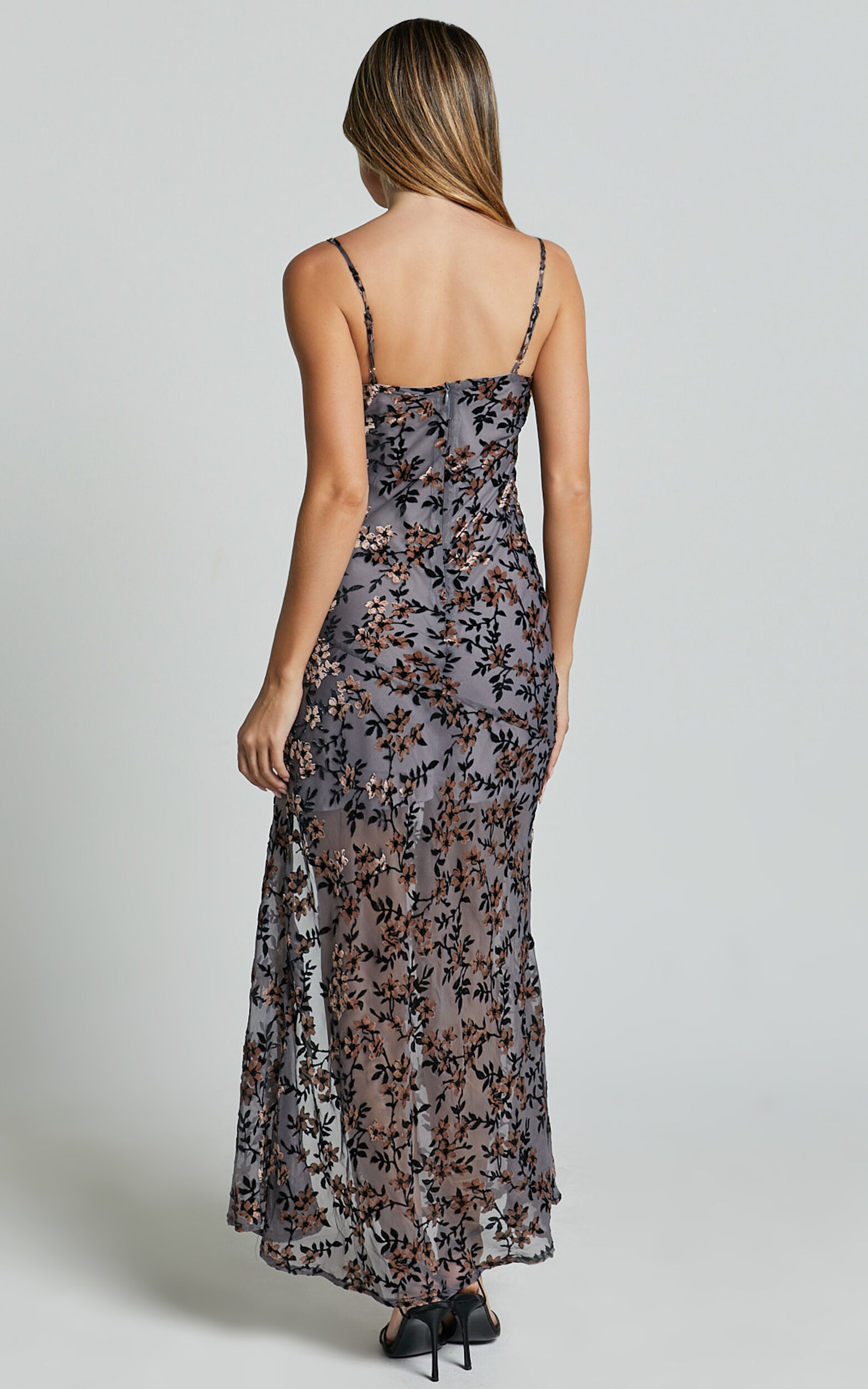 Darlene Midi Dress - Velvet Burnout Slip Cami Dress in Grey