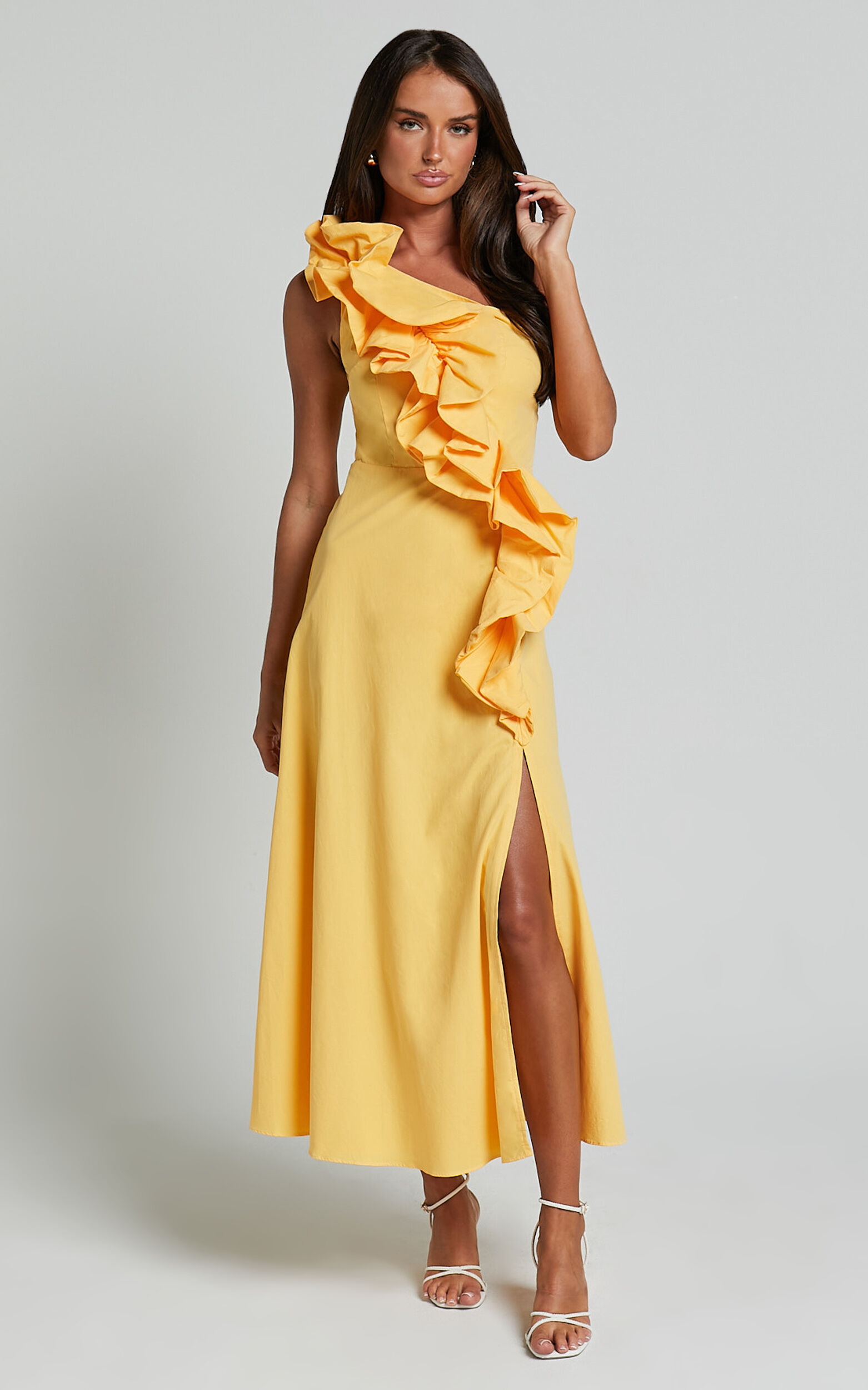 Rita Midi Dress - One Shoulder Ruffle Detail Dress in Yellow