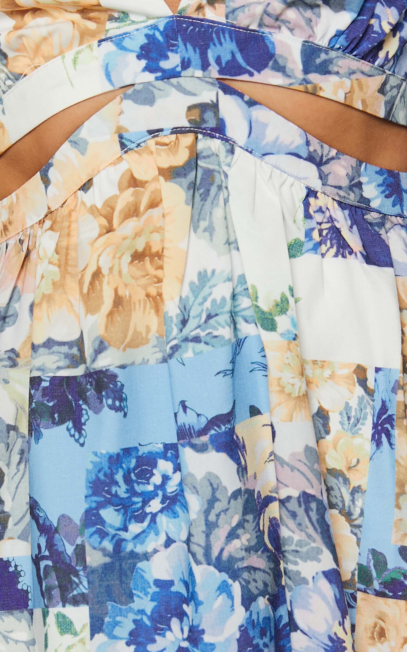 Emily Mini Dress - V Neck Long Sleeve Cut Out Dress in Patchwork Floral