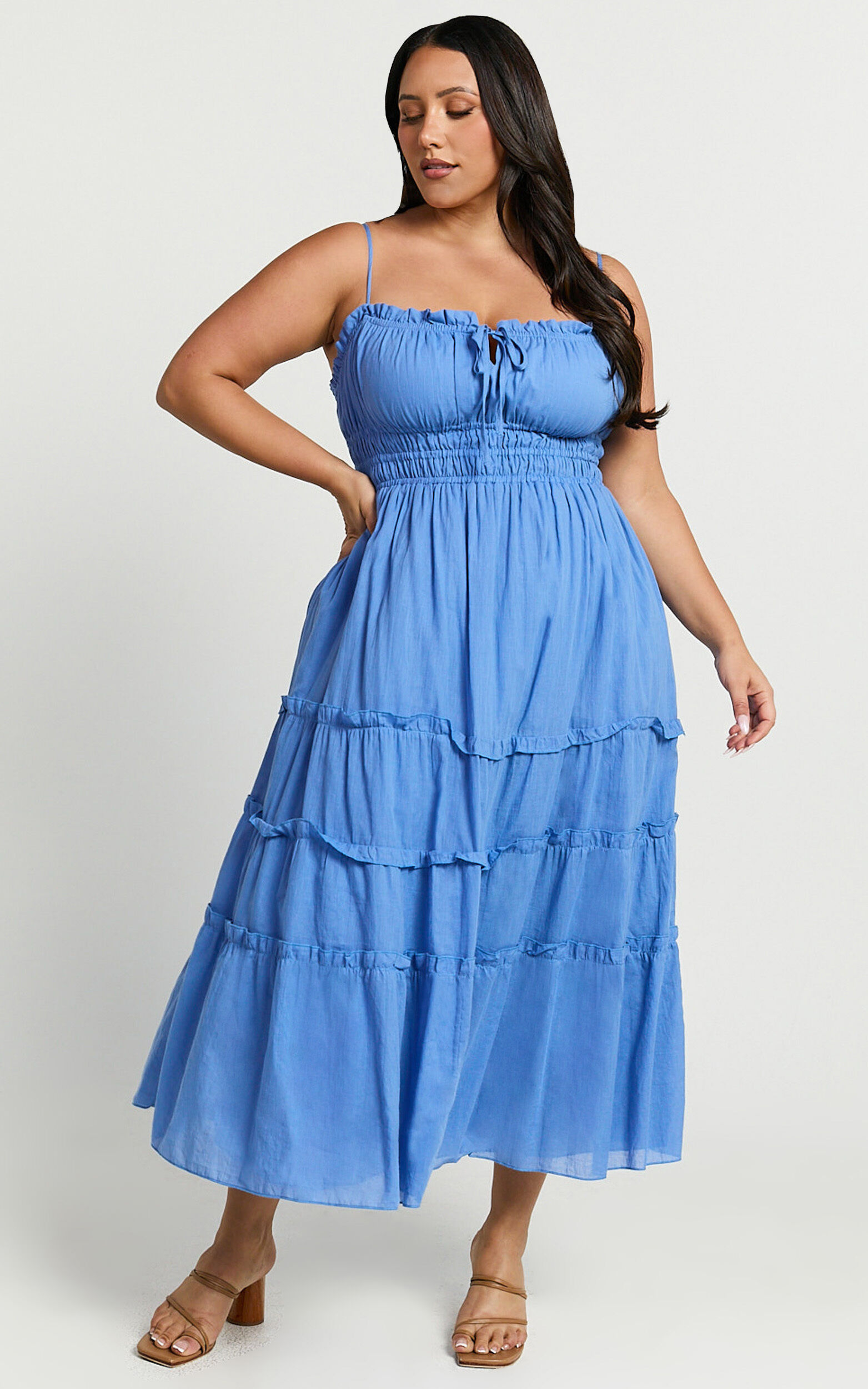 Schiffer Midi Dress - Strappy Ruched Tie Front Tiered Dress in Blue