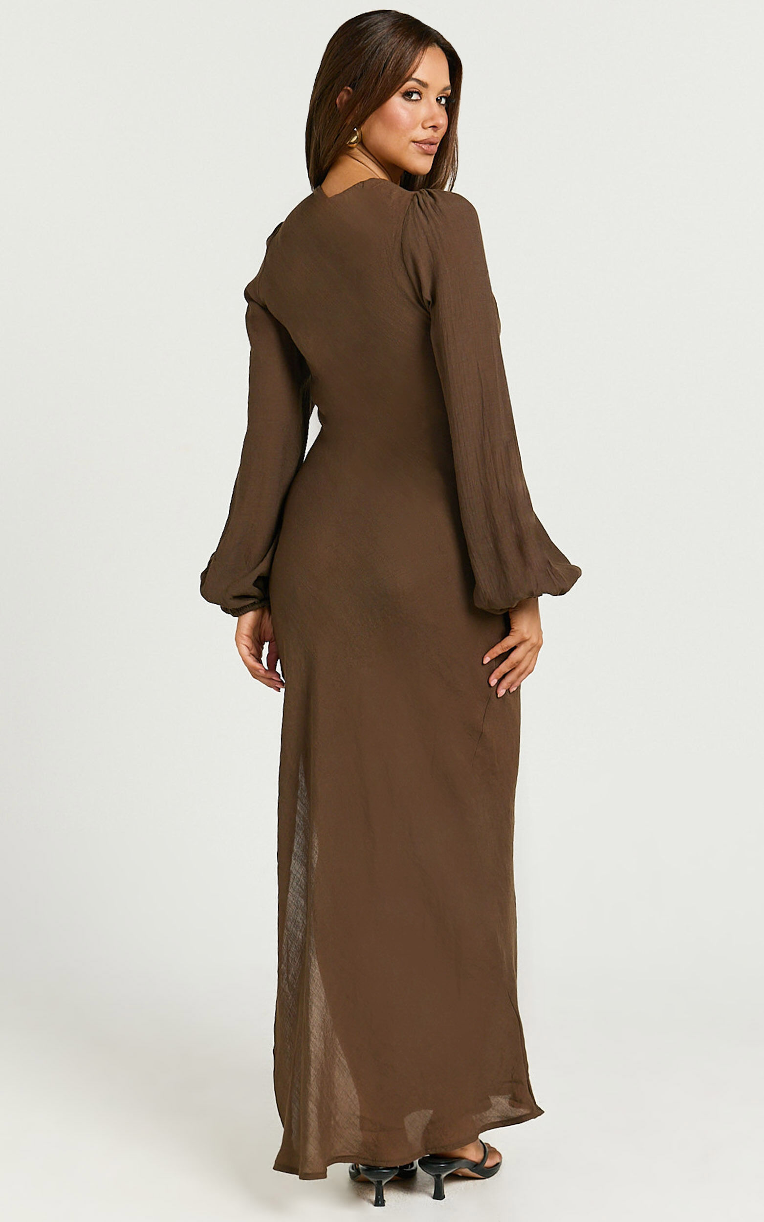 Sydney Midi Dress - Scoop Neck Long Sleeve Slip Dress in Brown