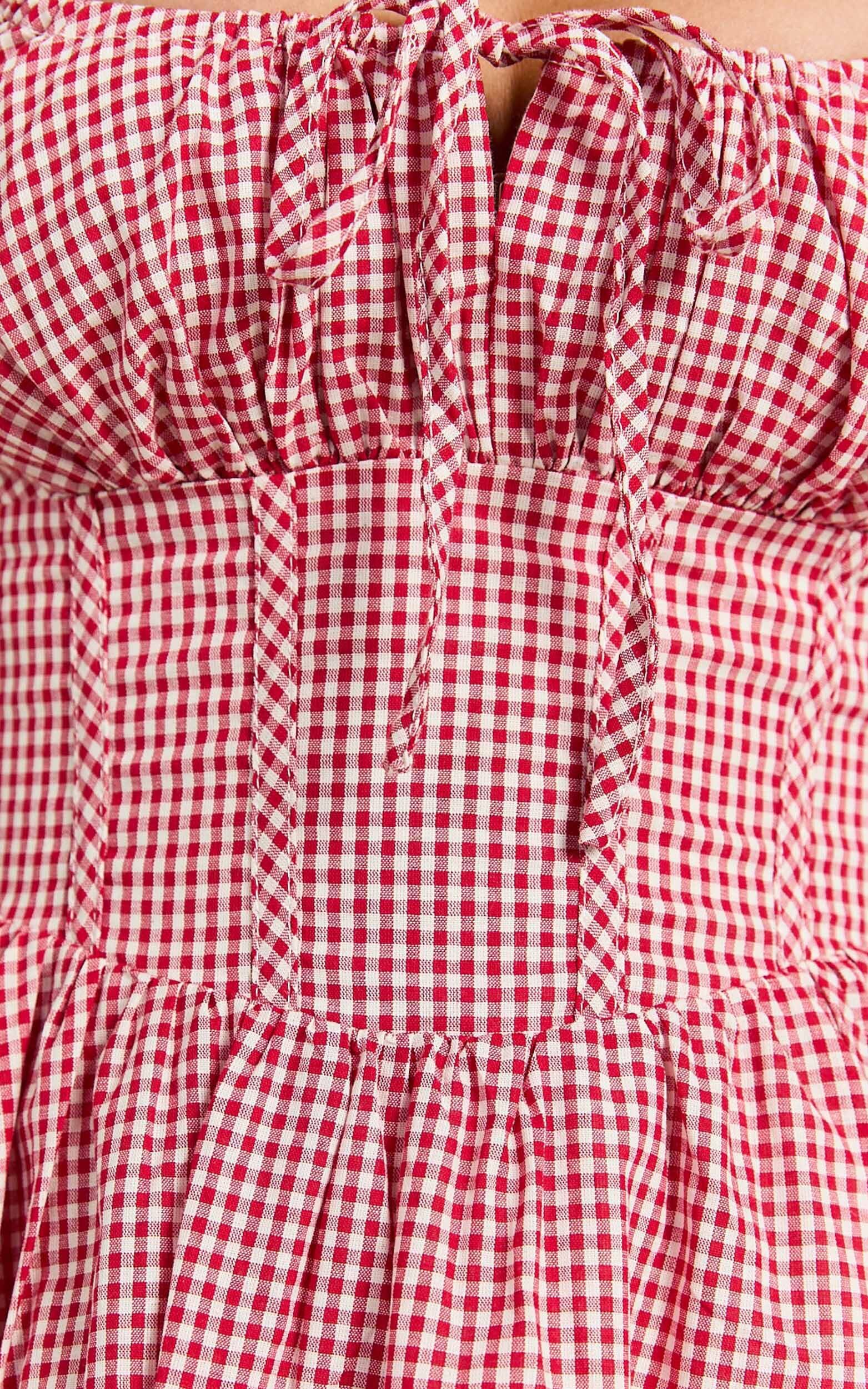 Keegan Mini Dress - Ruched Bust Front Tie Gathered Skirt Dress in Red Gingham