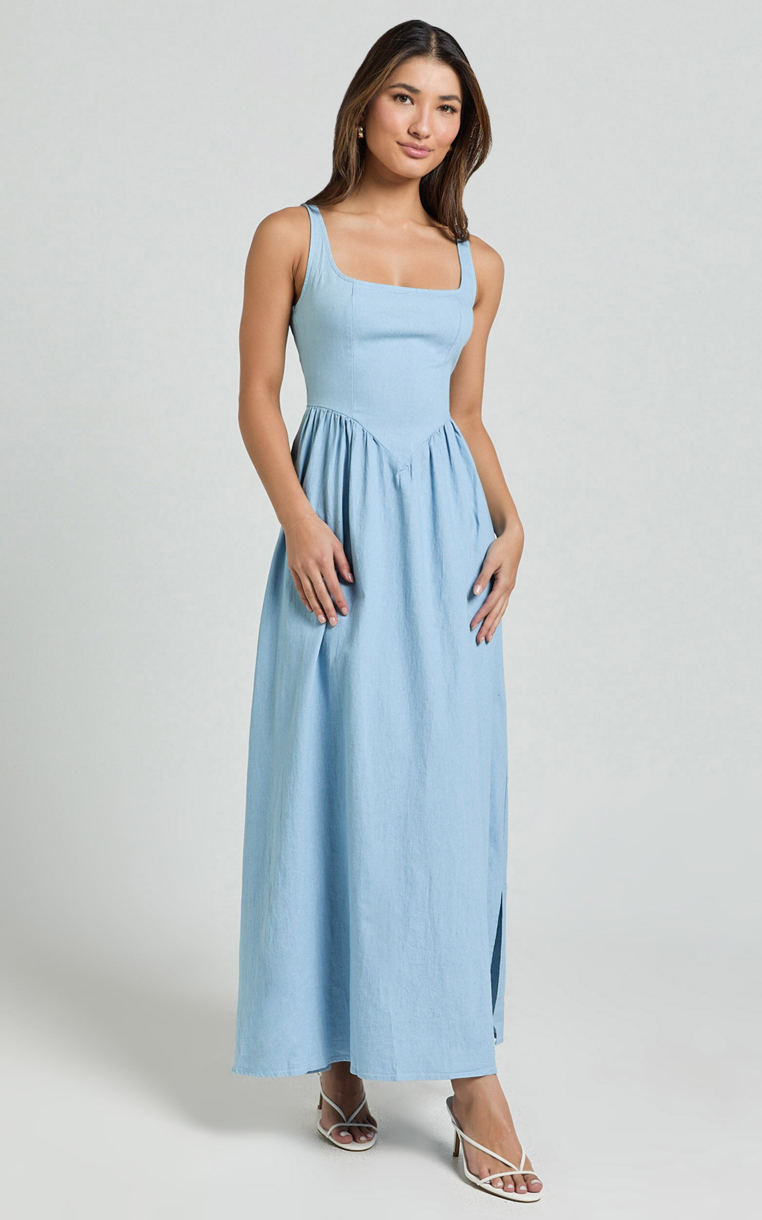 Rhaziya Midi Dress - Sleeveless Straight Neck Fit and Flare Dress in Blue