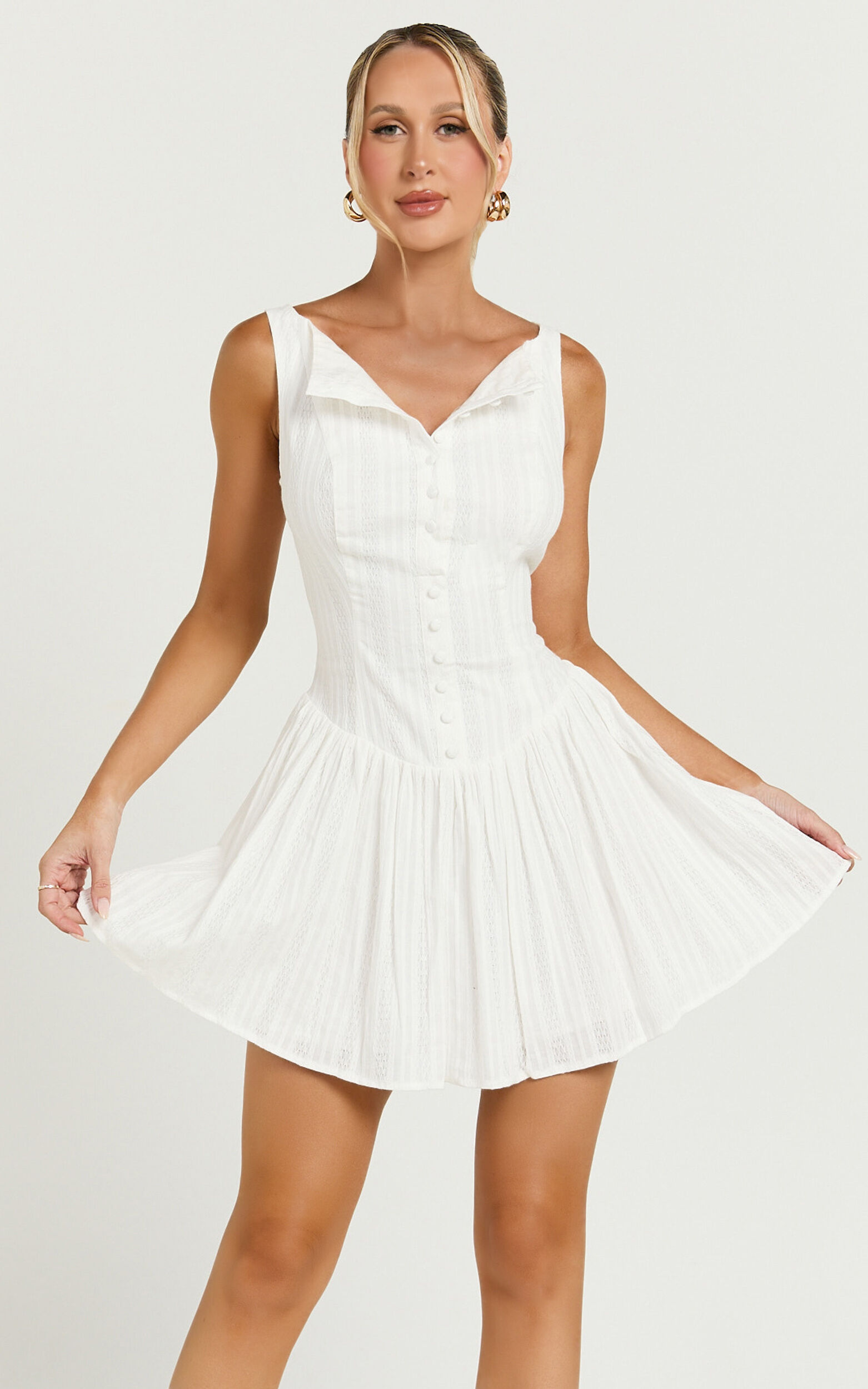 Zhai Mini Dress - High Neck Button Through Dress in Ivory