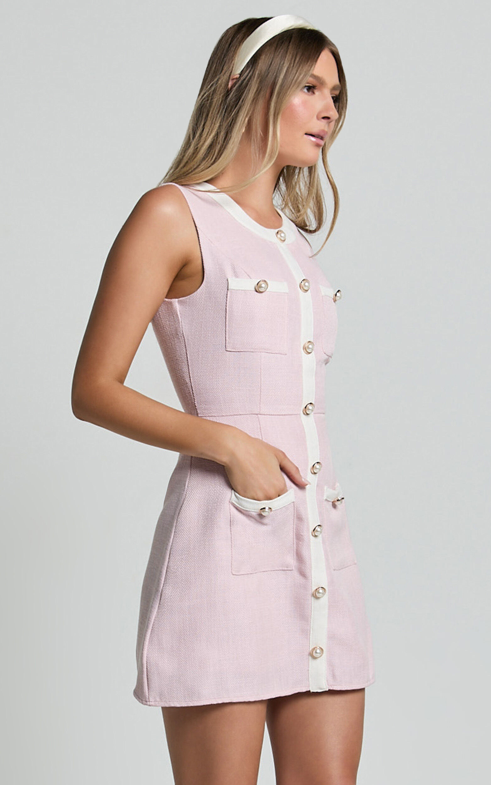 River Mini Dress - Boucle Button Through A Line Dress in Light Pink