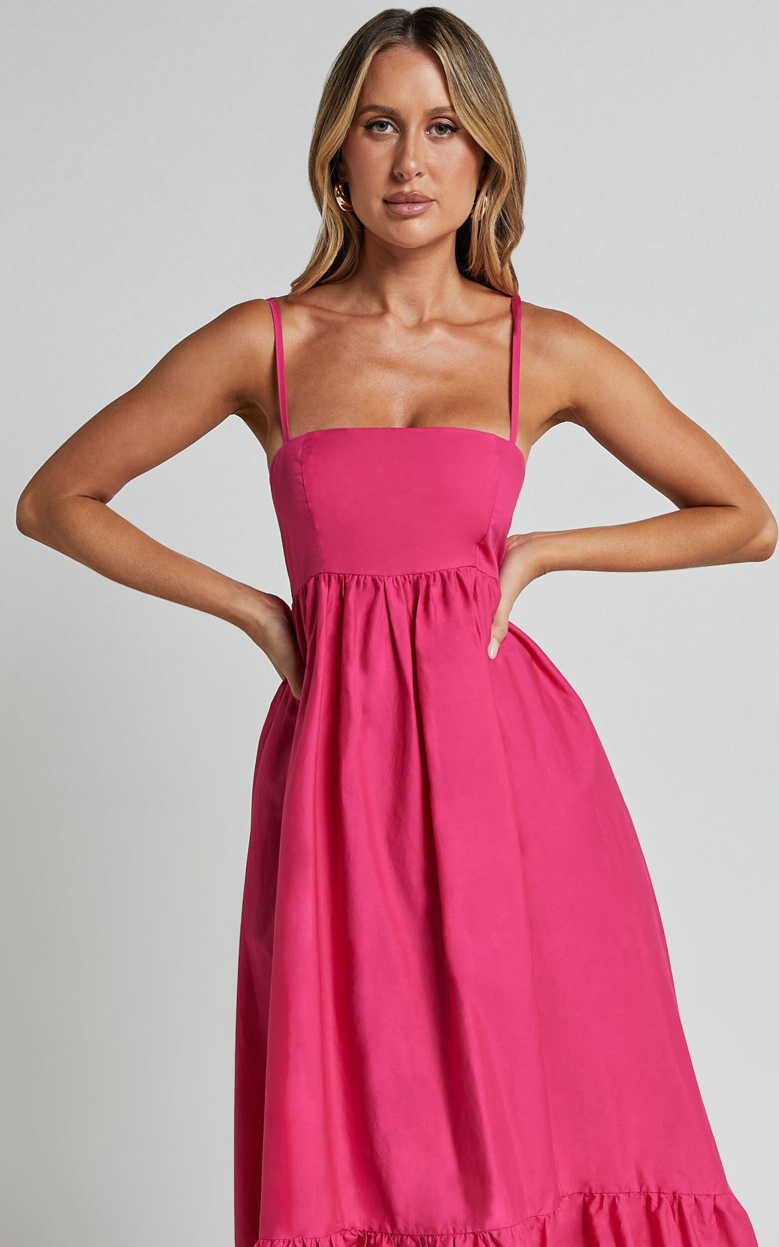 Aveiro Midi Dress - Straight Neck Shoulder Tie High Low Ruffle Hem in Raspberry