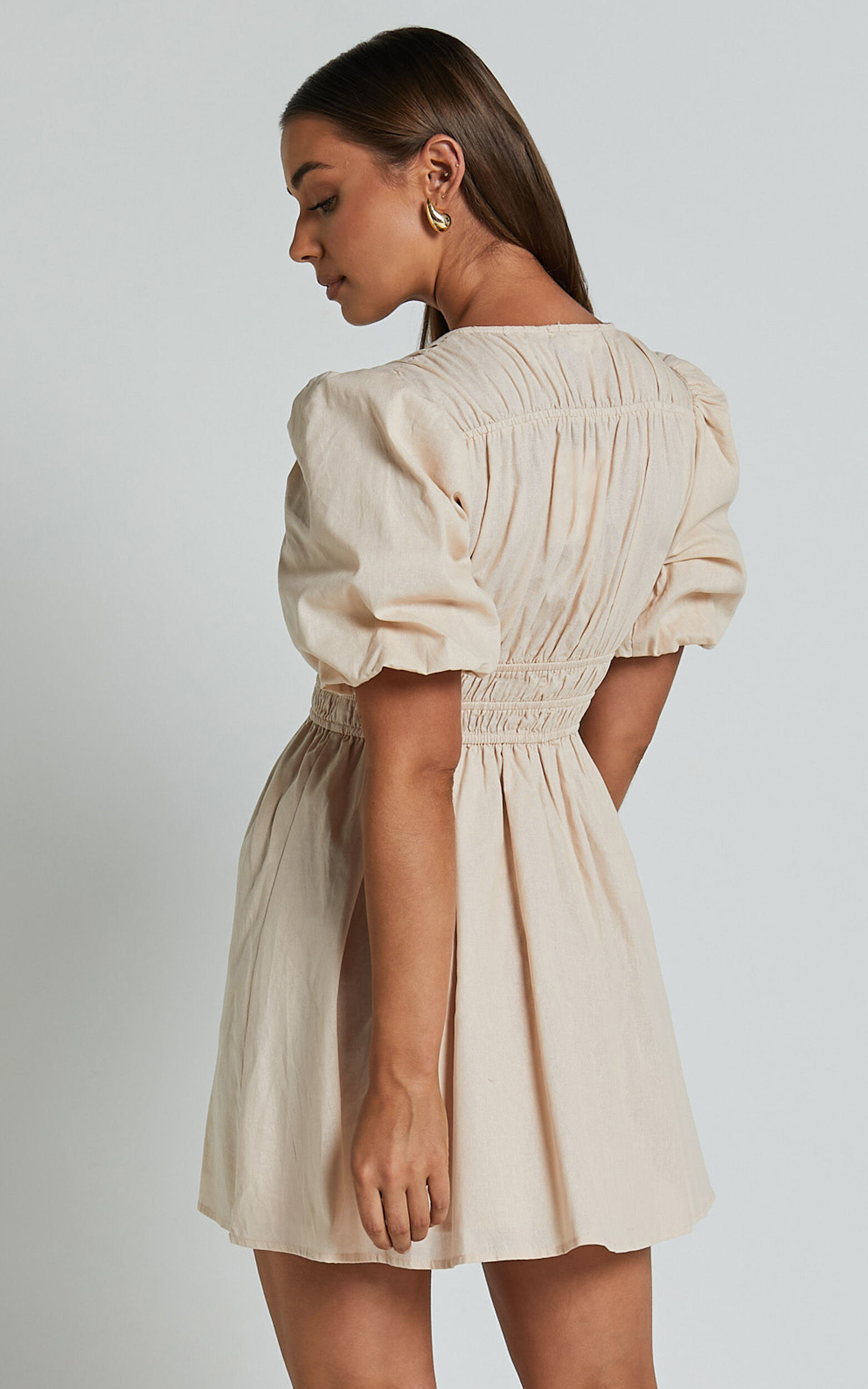 Francesca V Neck Puff Sleeves Mini Dress in Natural