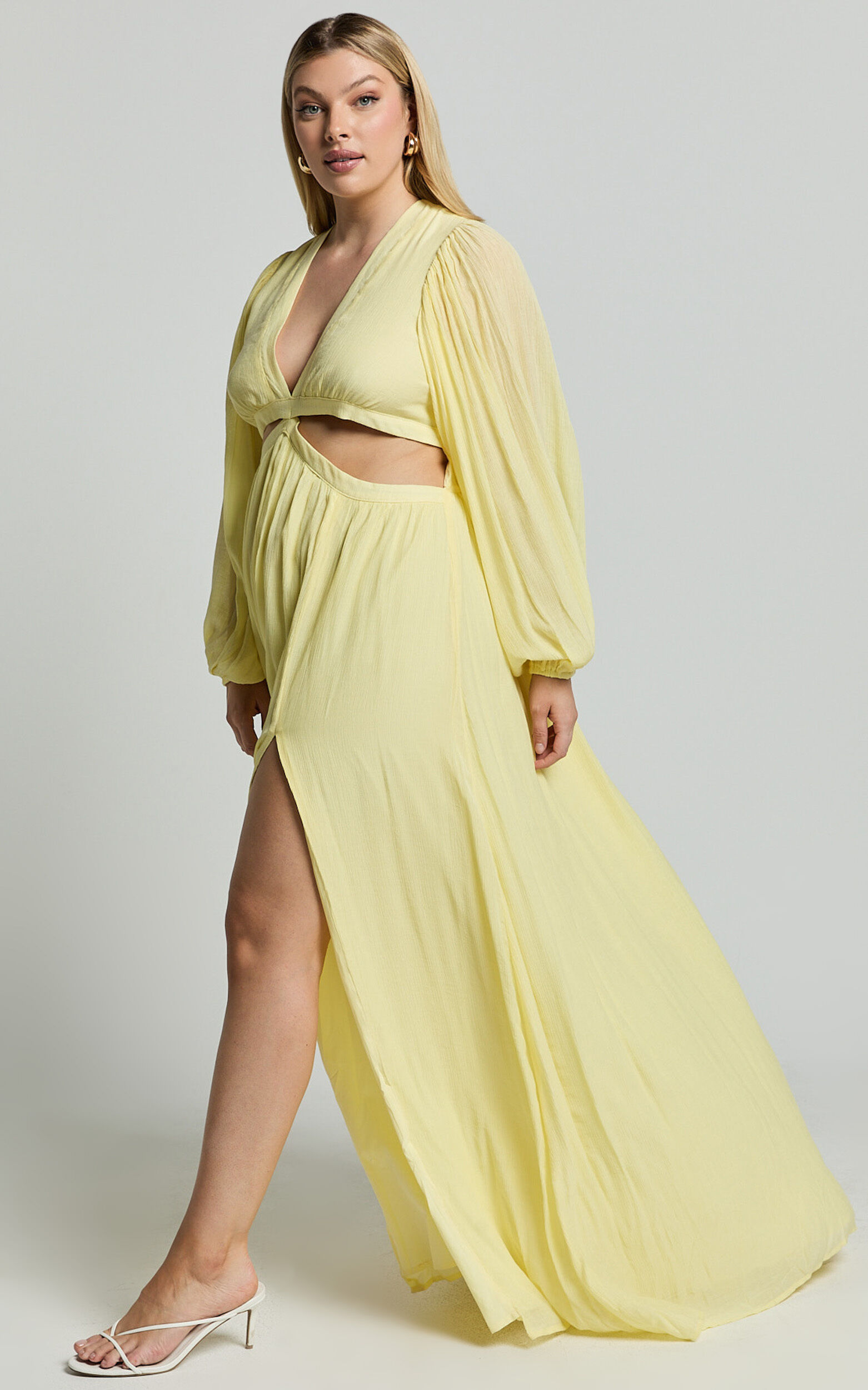 Paige Maxi Dress - Side Cut Out Balloon Sleeve Dress in Lemon
