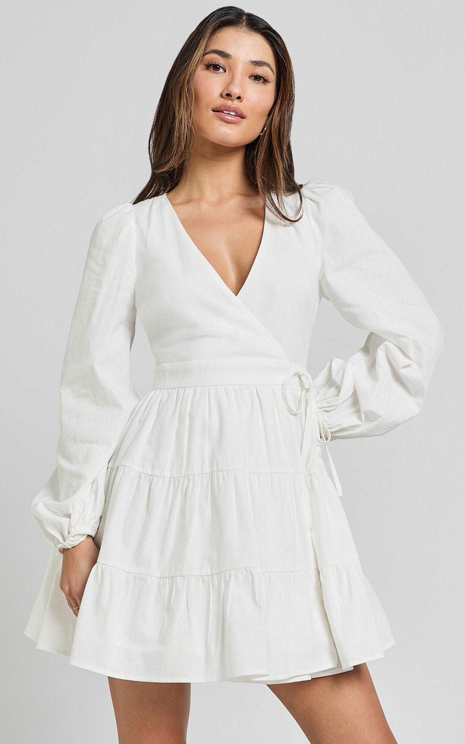 Brenda Mini Dress - Long Puff Sleeve Wrap Linen Blend Dress in Ivory