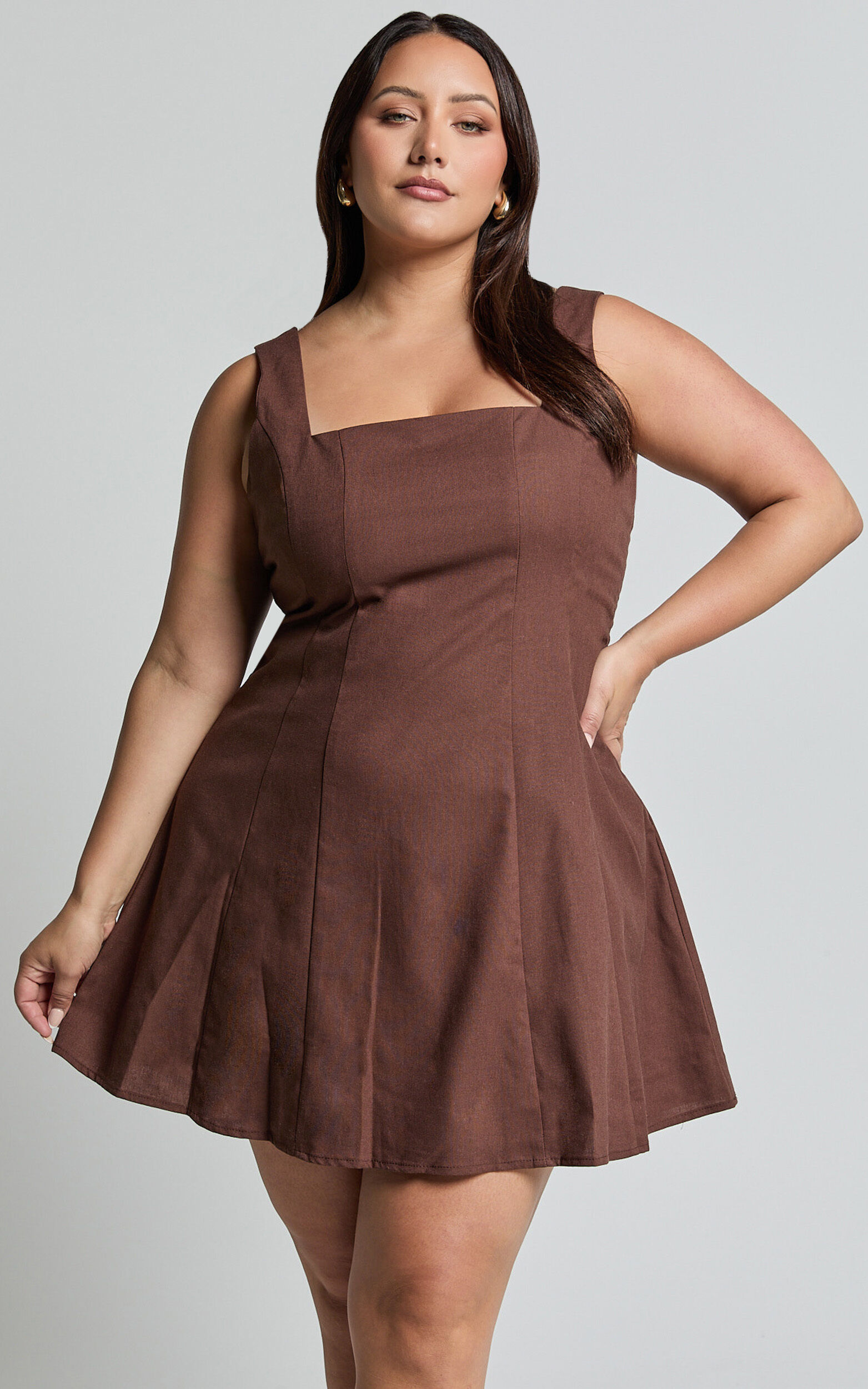 Adiana Mini Dress - Linen Square Neck Shirred Back A Line Dress in Chocolate