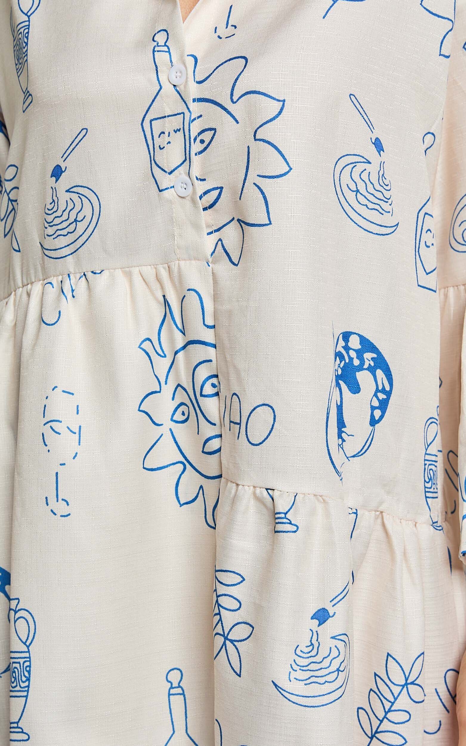 Charlene Mini Linen Dress - V Neck 3/4 Sleeve Shift Mini Dress in Blue Print