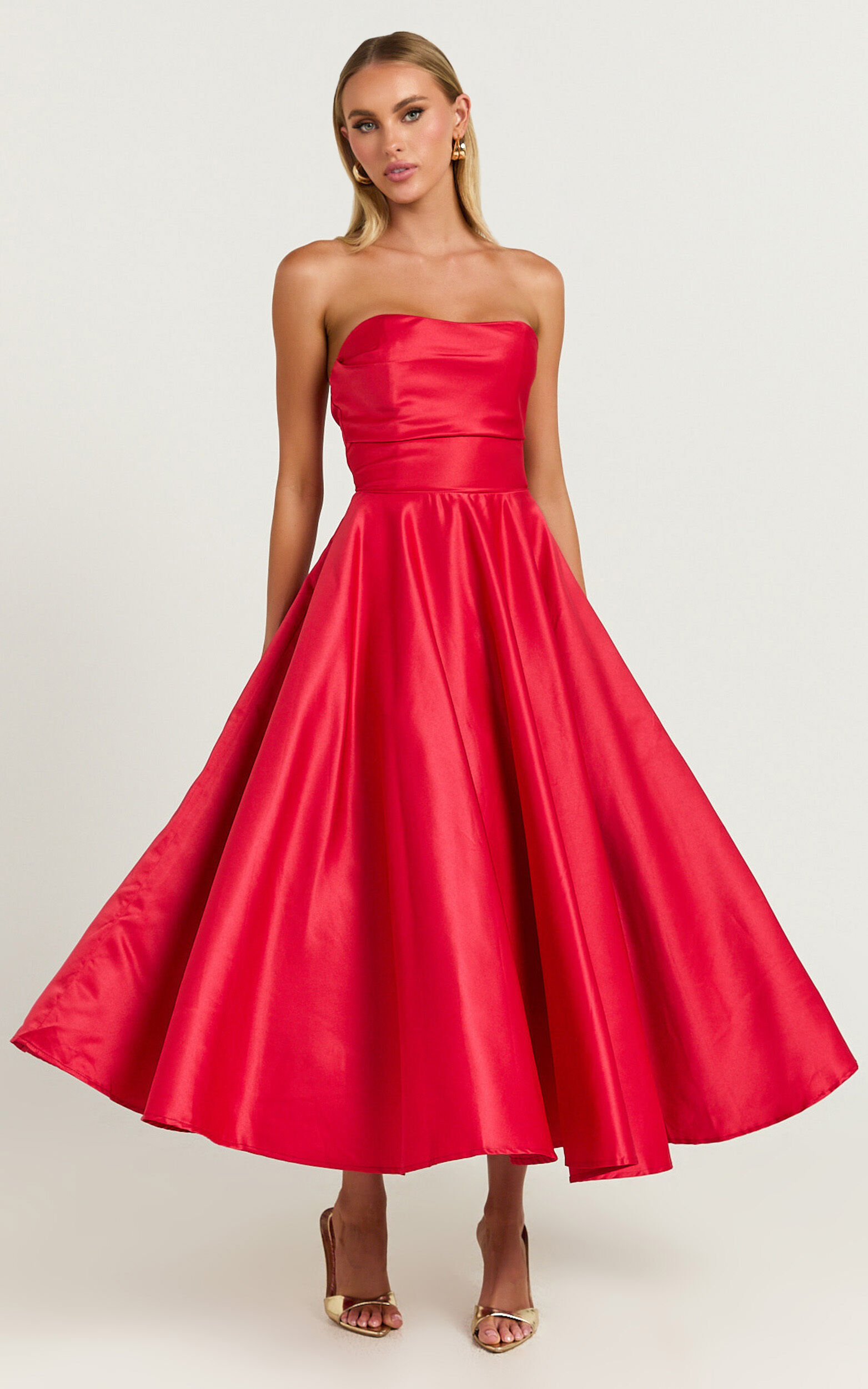 Helaina Midi Dress - Strapless A-Line Satin Dress in Red