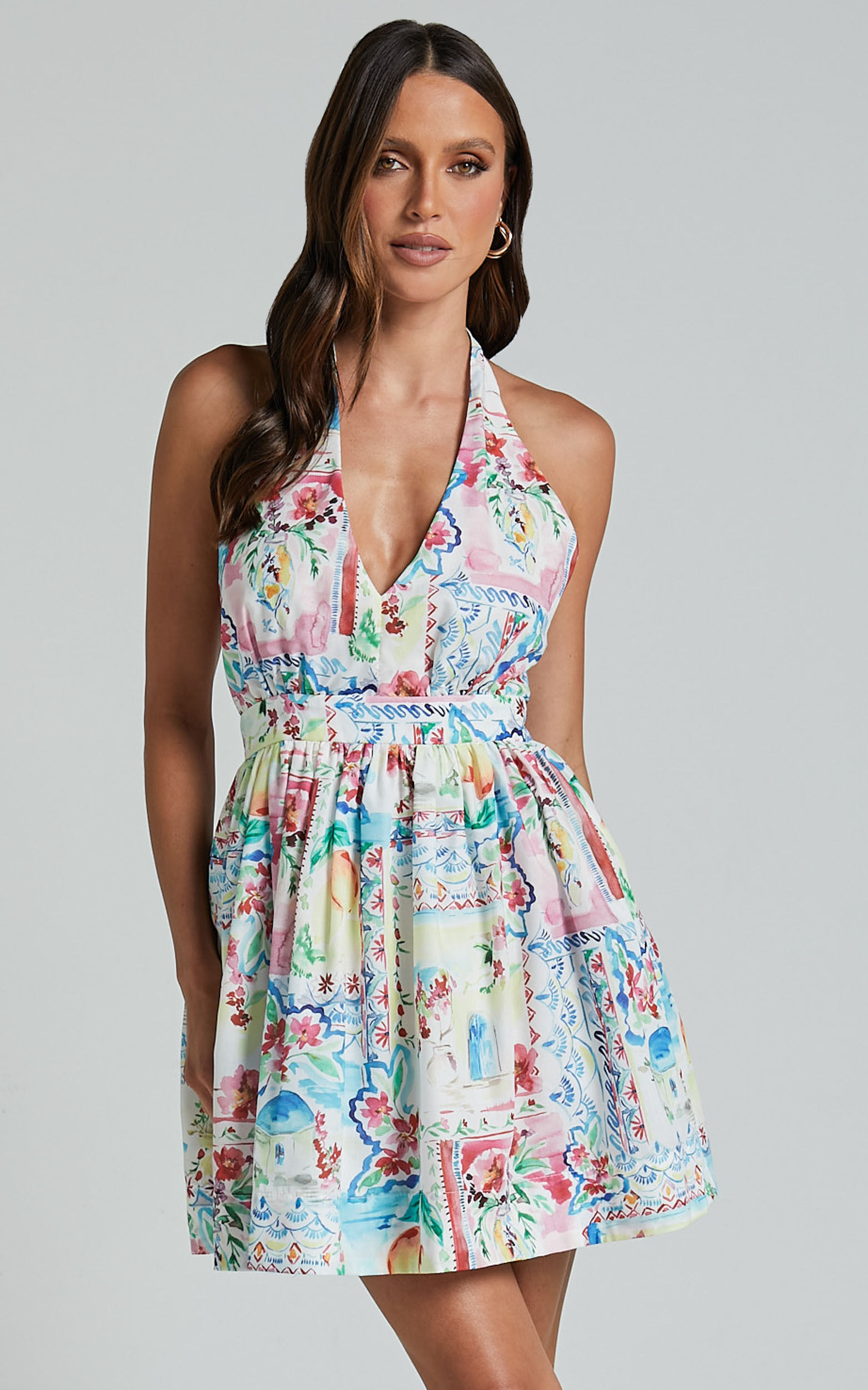 Duncan Mini Dress - Halter Neck Empire Waist Dress in Vacay Print