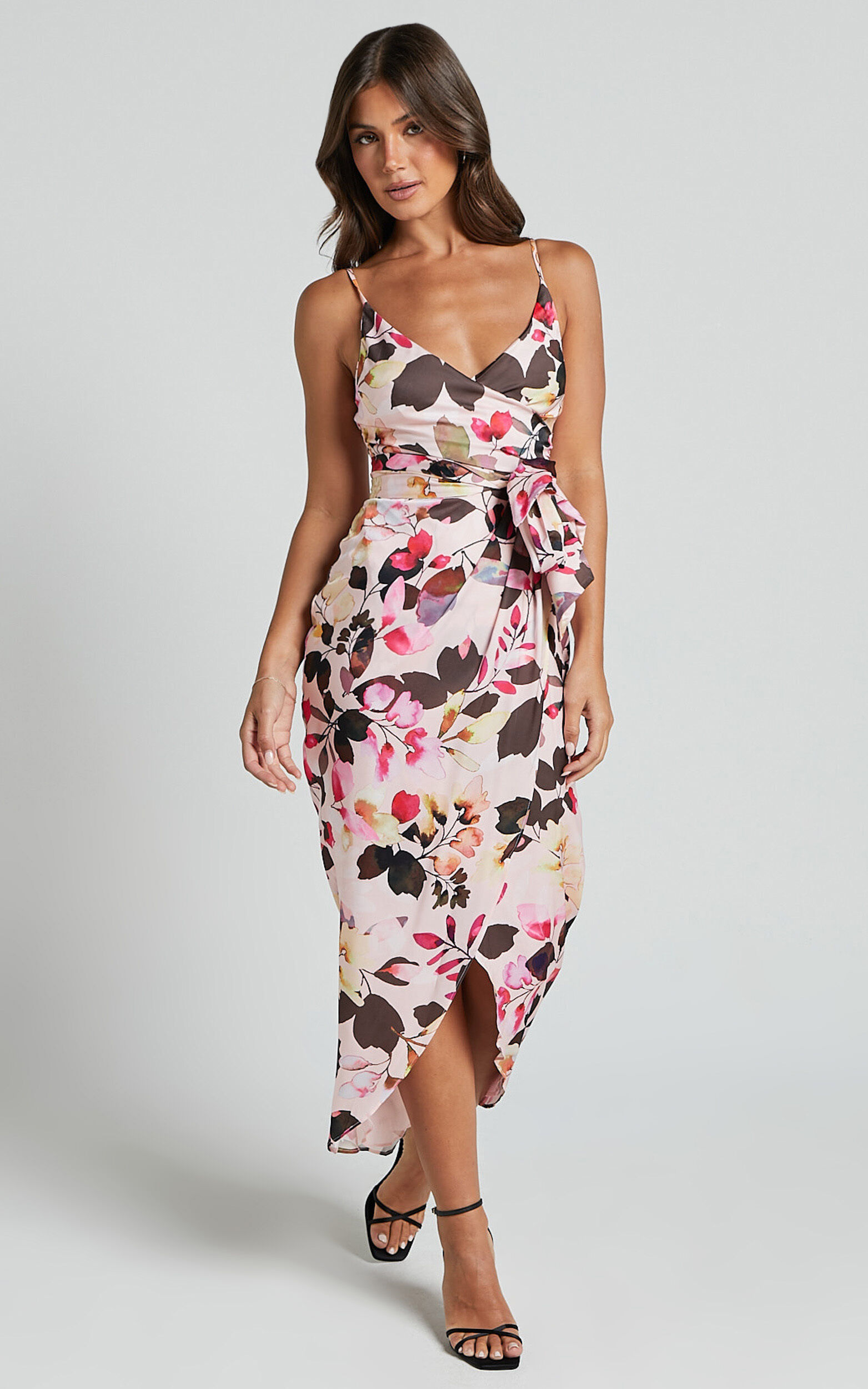Maddison Midi Dress - Strappy Wrap Dress in Rosalind Print