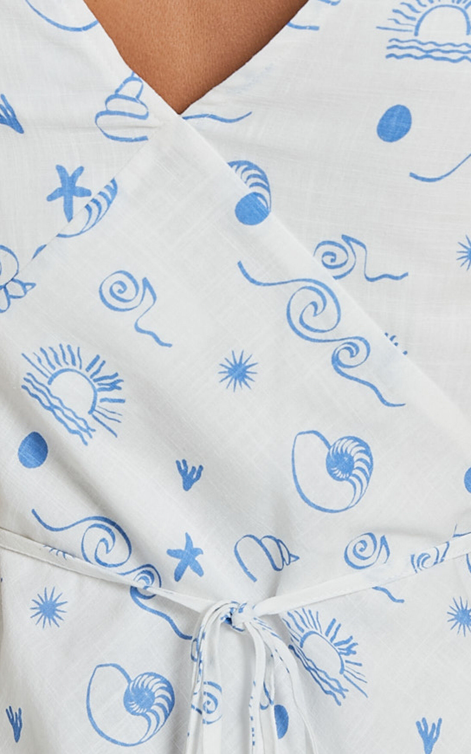 Becca Midi Dress - Ruched Bust Sleeveless V Neck Dress in Blue Print