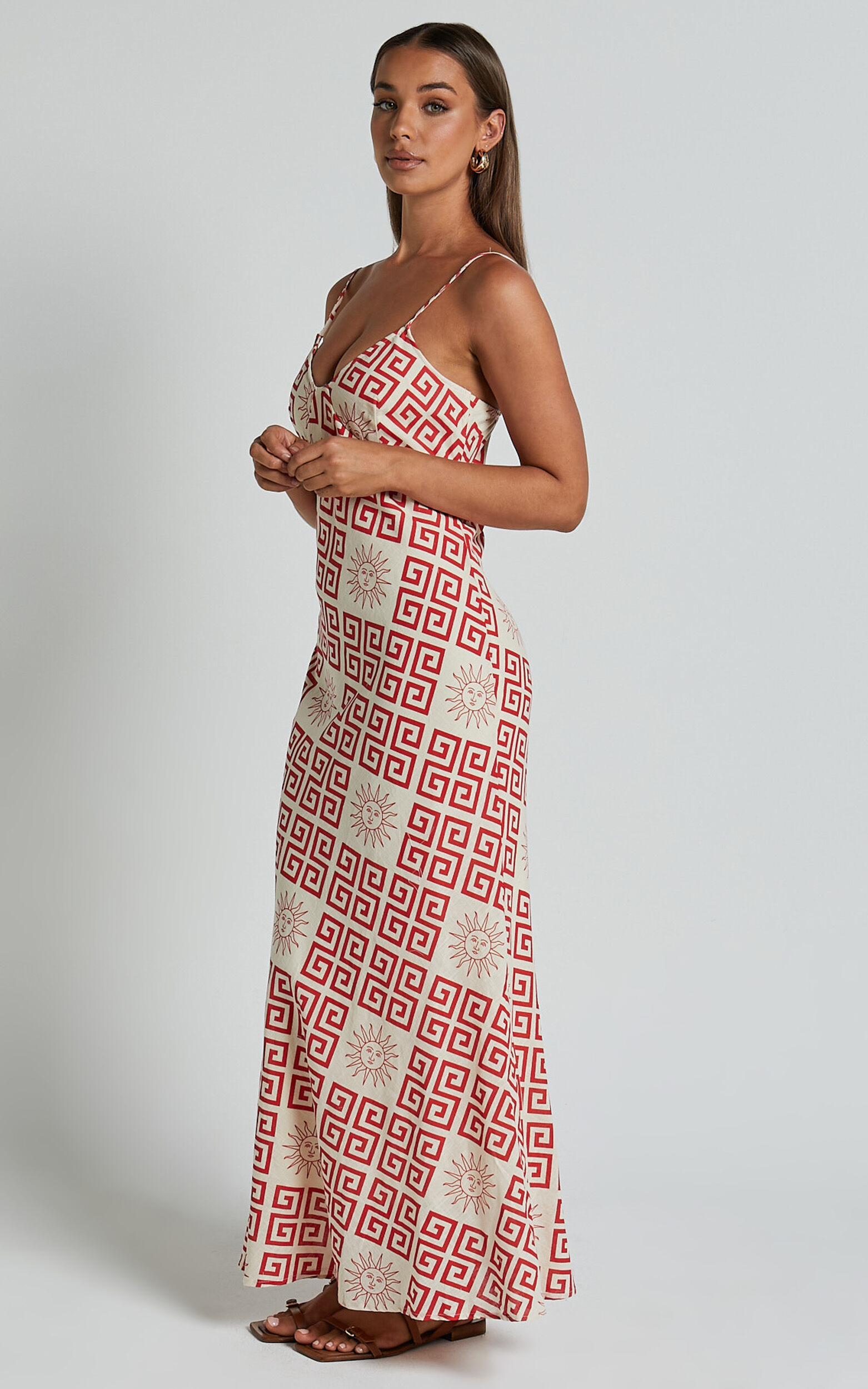Zinnia Midi Linen Dress - Strappy Linen Slip Dress in Beige/Red Greek Sun Print